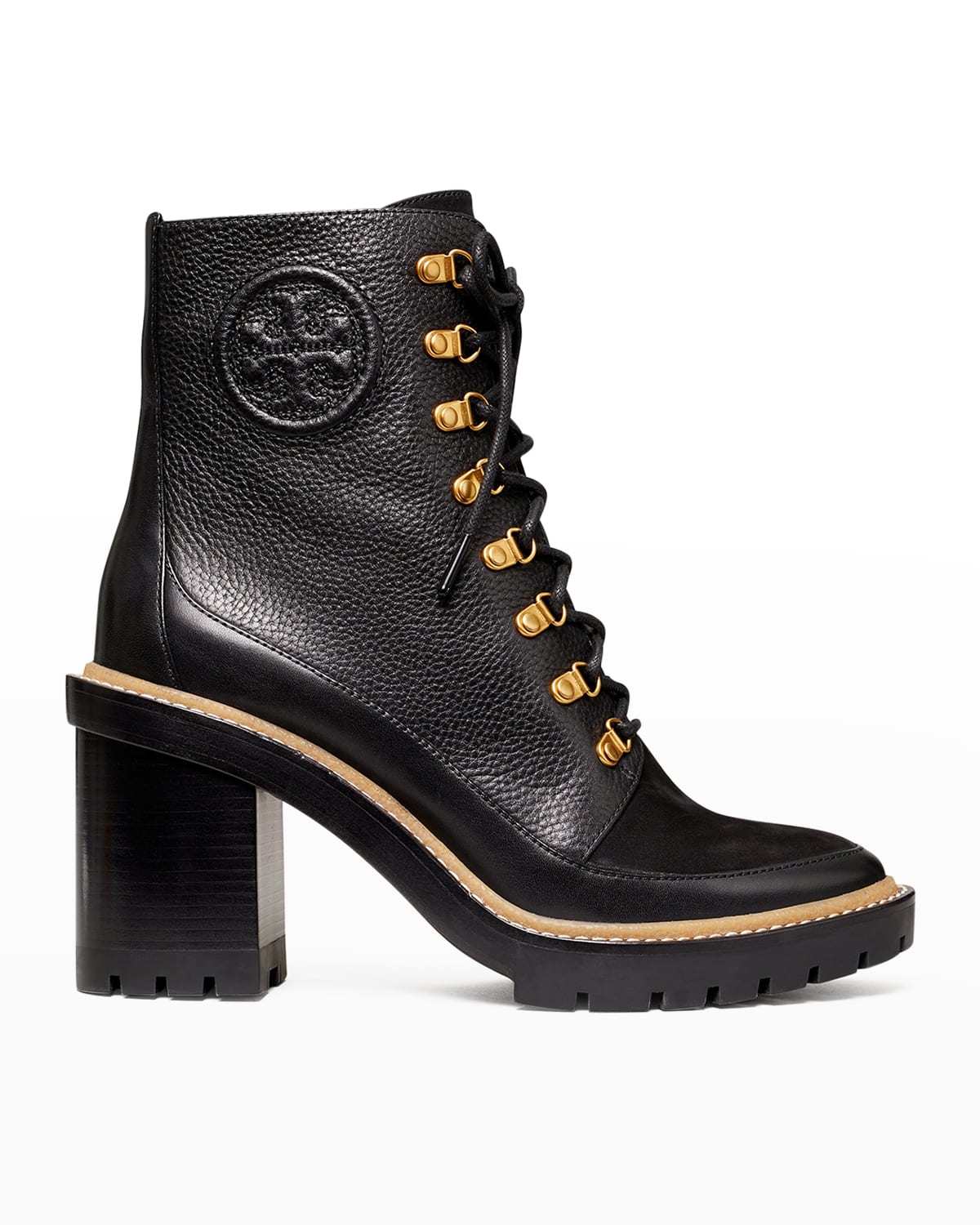 Tory Burch Miller Mixed Leather Lug-sole Combat Booties In Black