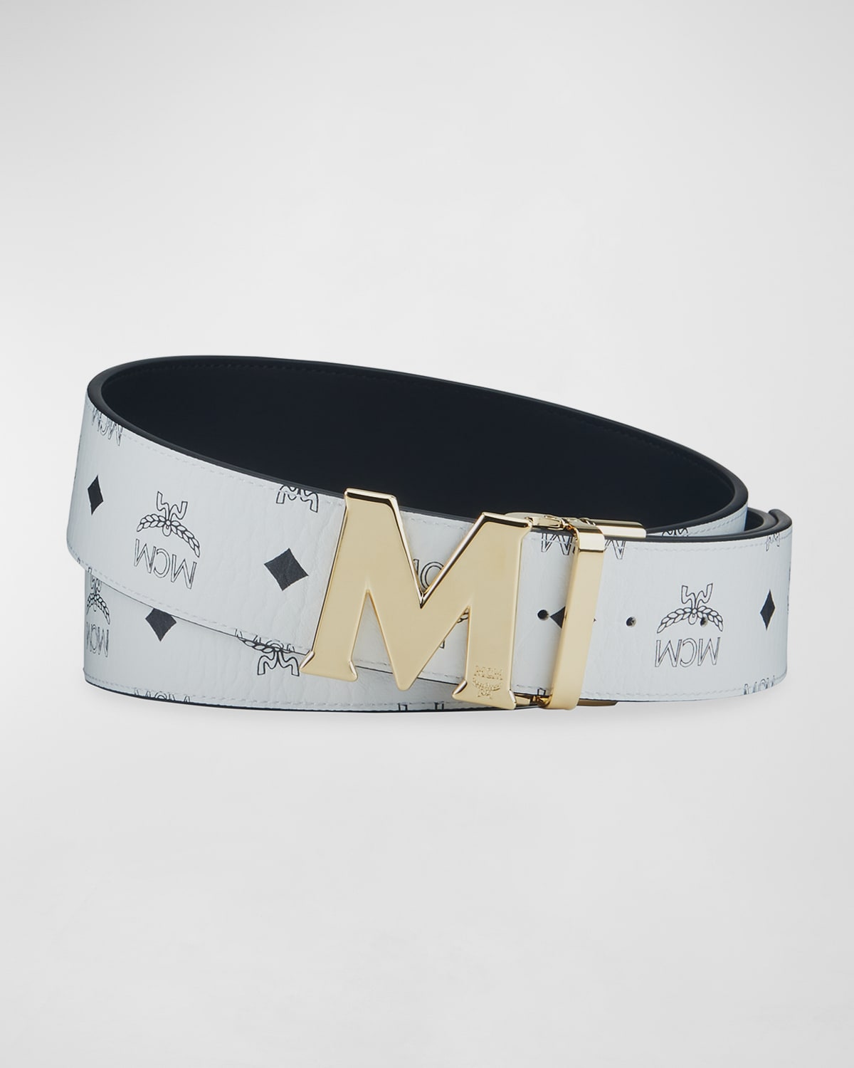 Mcm Claus M Reversible Belt In Black Logo Visetos In Cognac