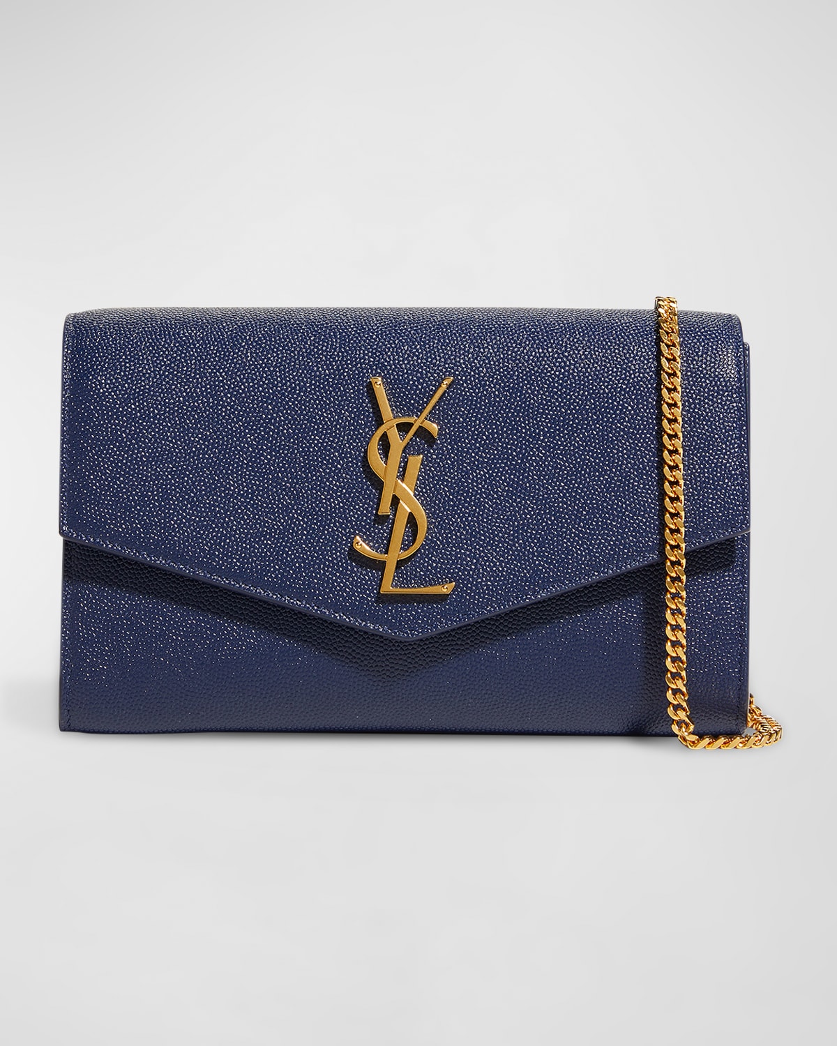 Saint Laurent Uptown Ysl Monogram Grain De Poudre Wallet On Chain W/ Card Case In Blue Charron