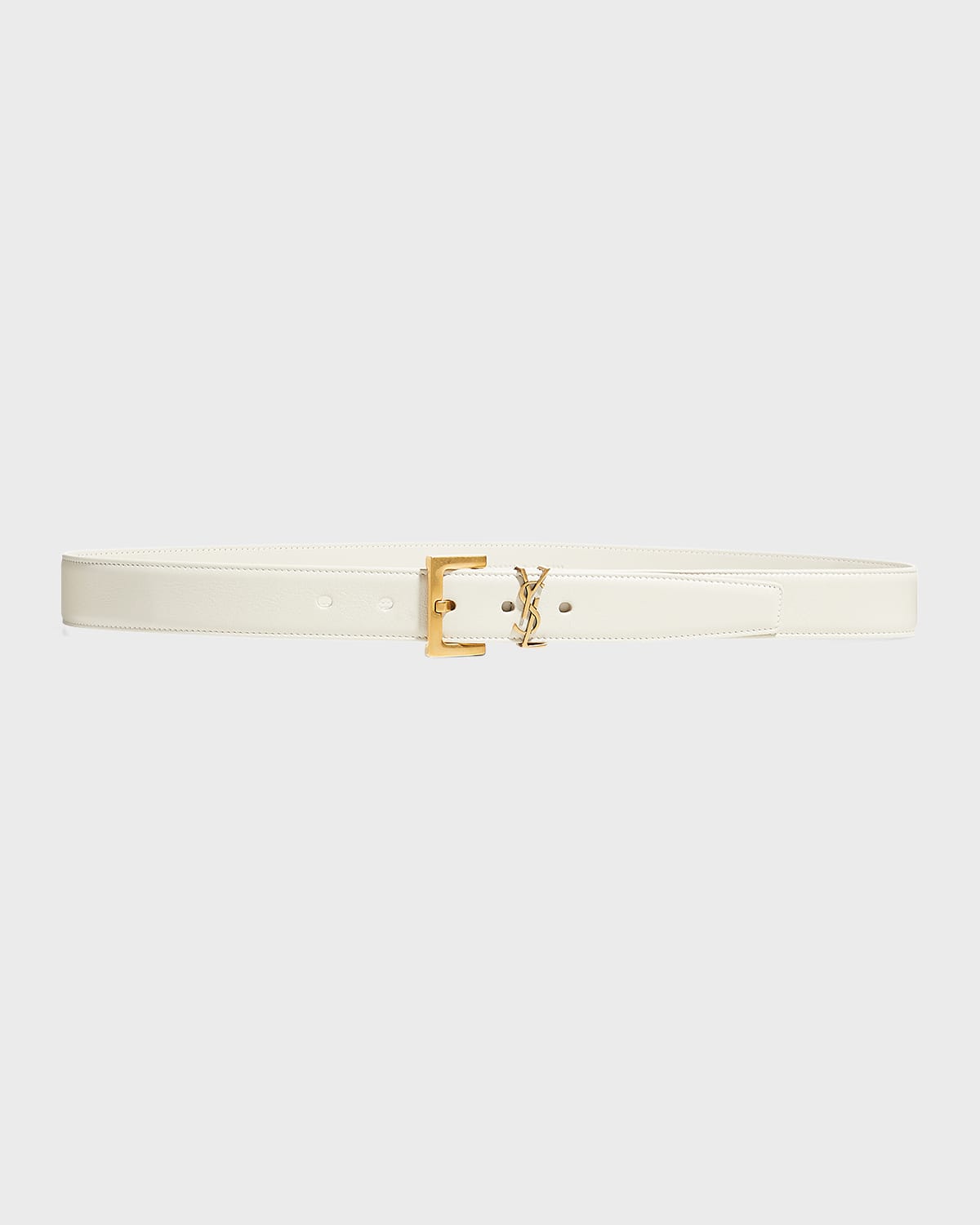 Shop Saint Laurent Box Laque Ysl Leather Belt In Cream / Bronze