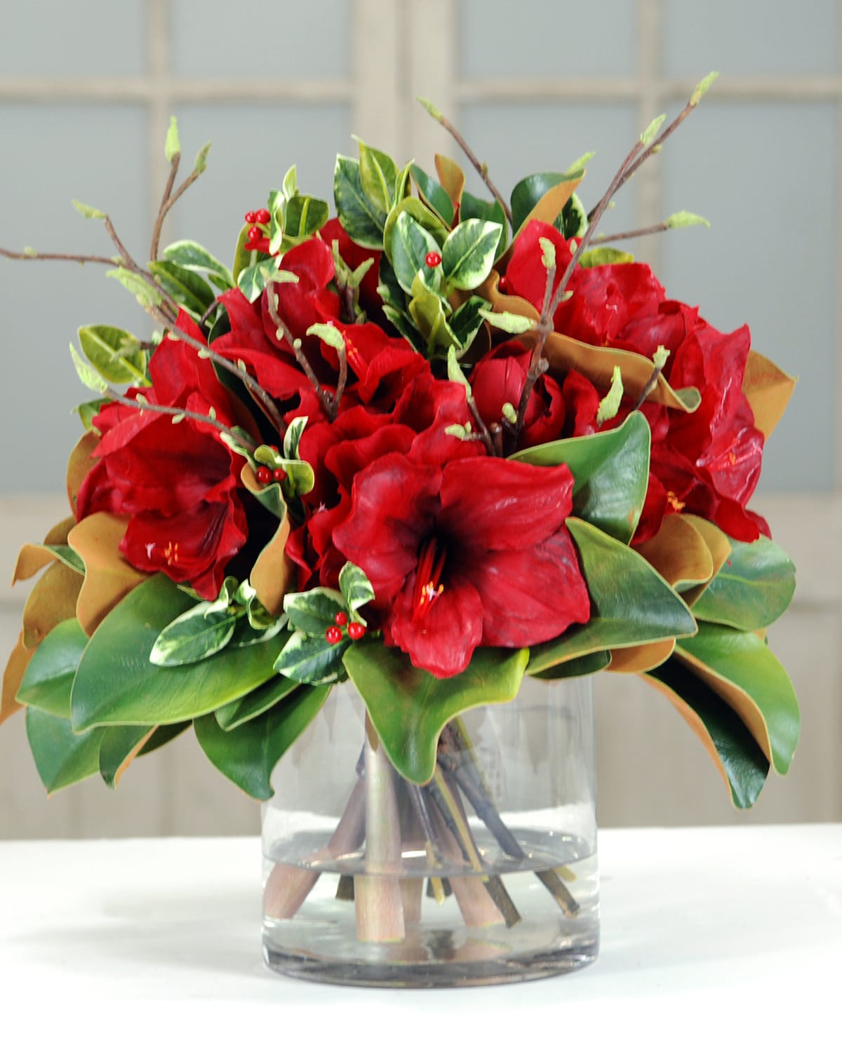 Shop Winward Home Amaryllis & Magnolia Leaf In Glass Vase In Red