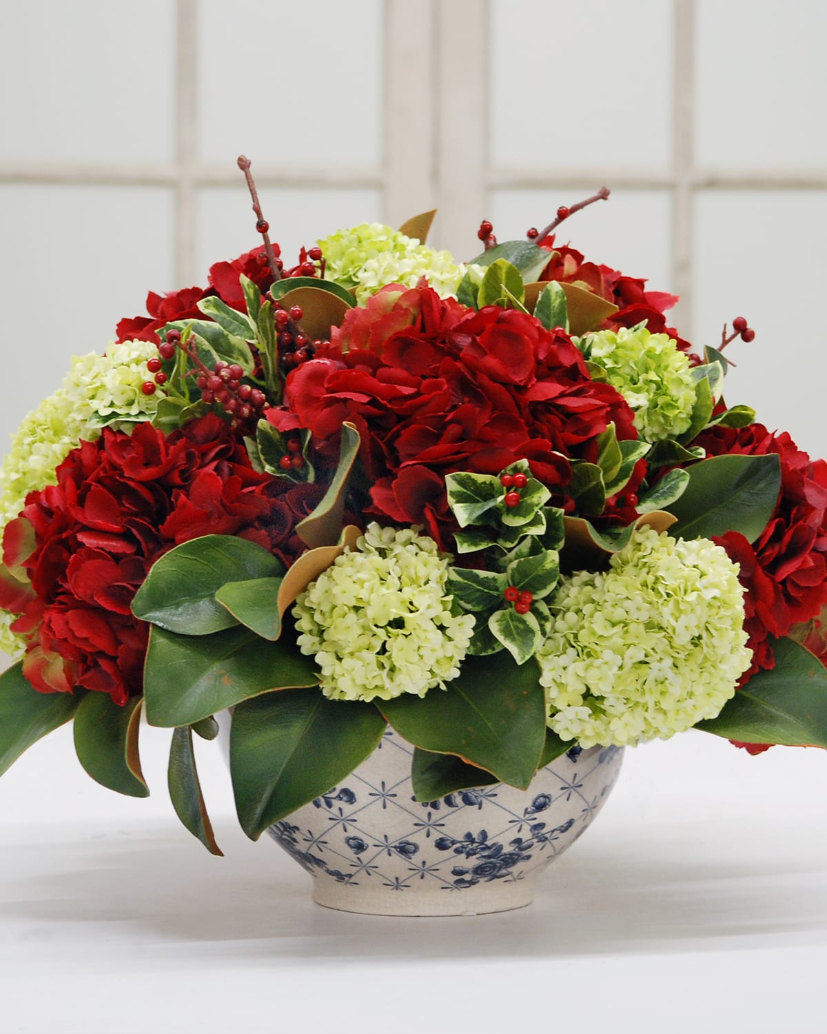 Winward Home Holiday Hydrangea & Magnolia Leaf In Bowl In Red/green