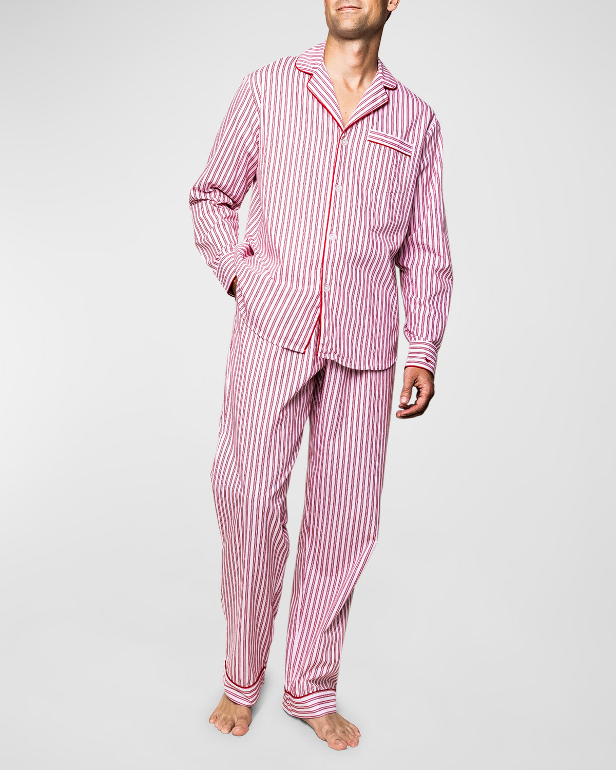 Petite Plume Men's Ticking-Stripe Pajama Set, Red