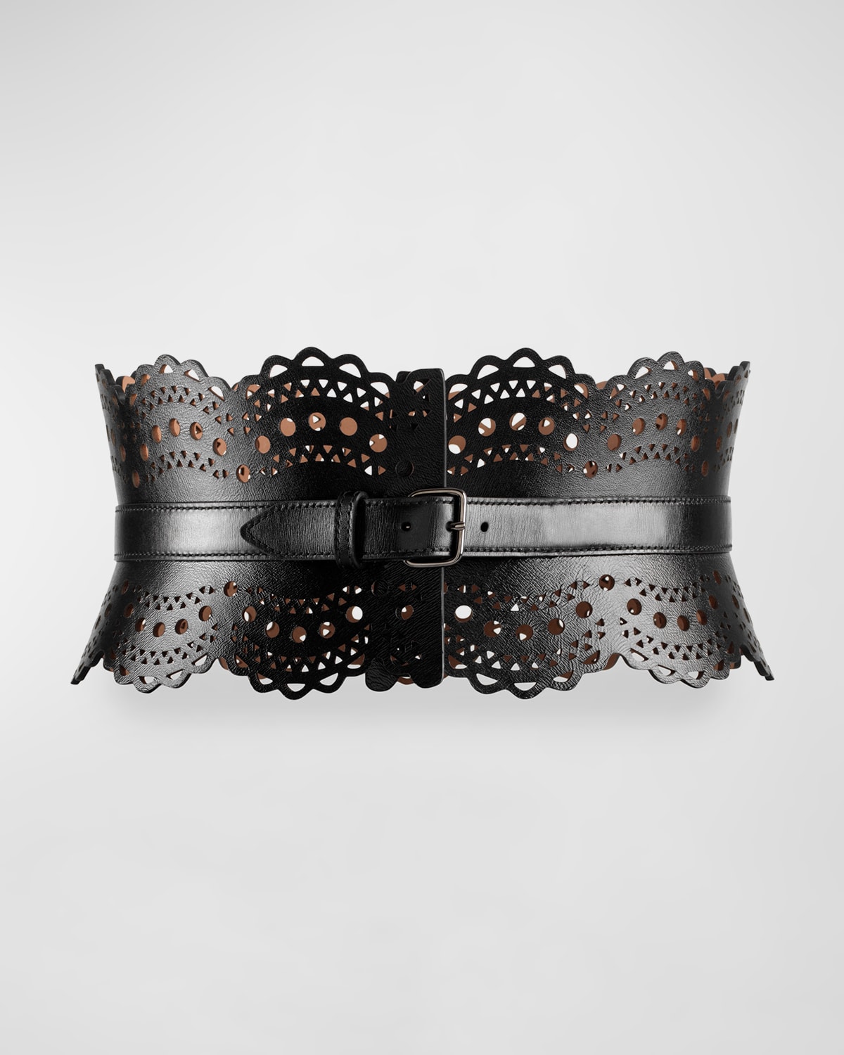 Alaïa Openwork Wide Leather Vienne Corset Belt In Tourterelle