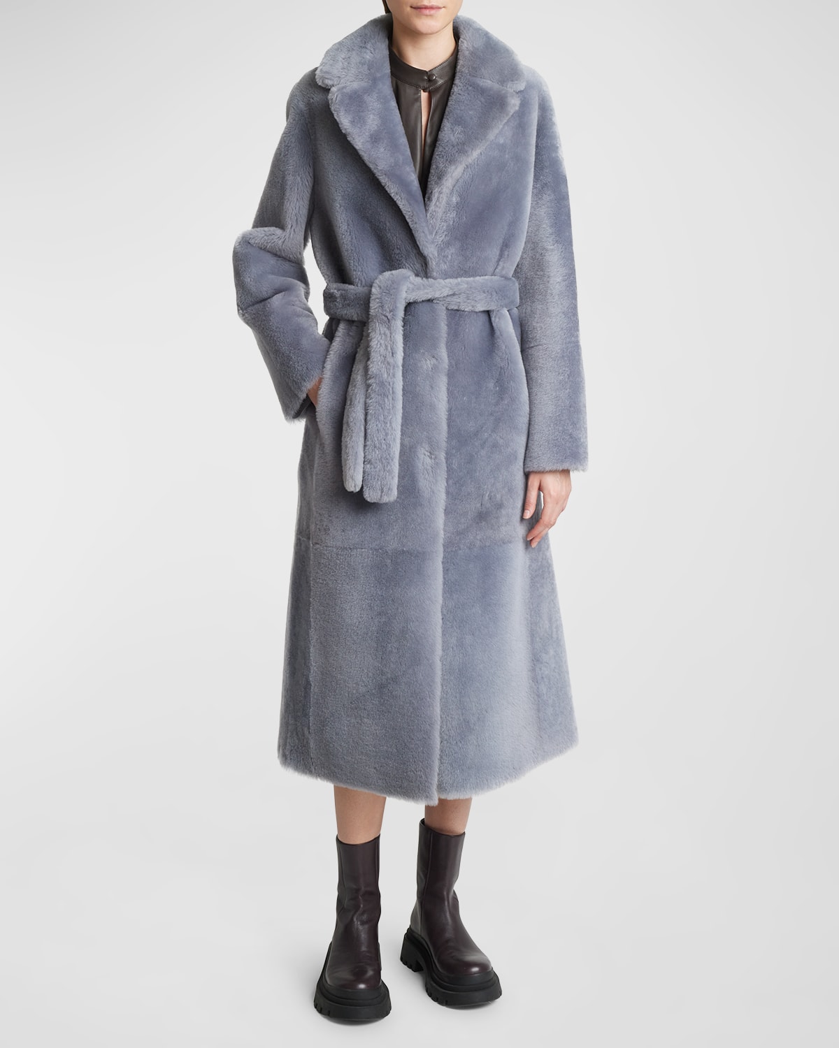 Long Self-Tie Lamb Shearling Coat