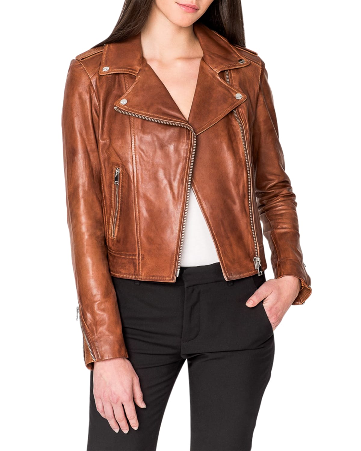 Lamarque Donna Hand-waxed Leather Moto Jacket In Brown