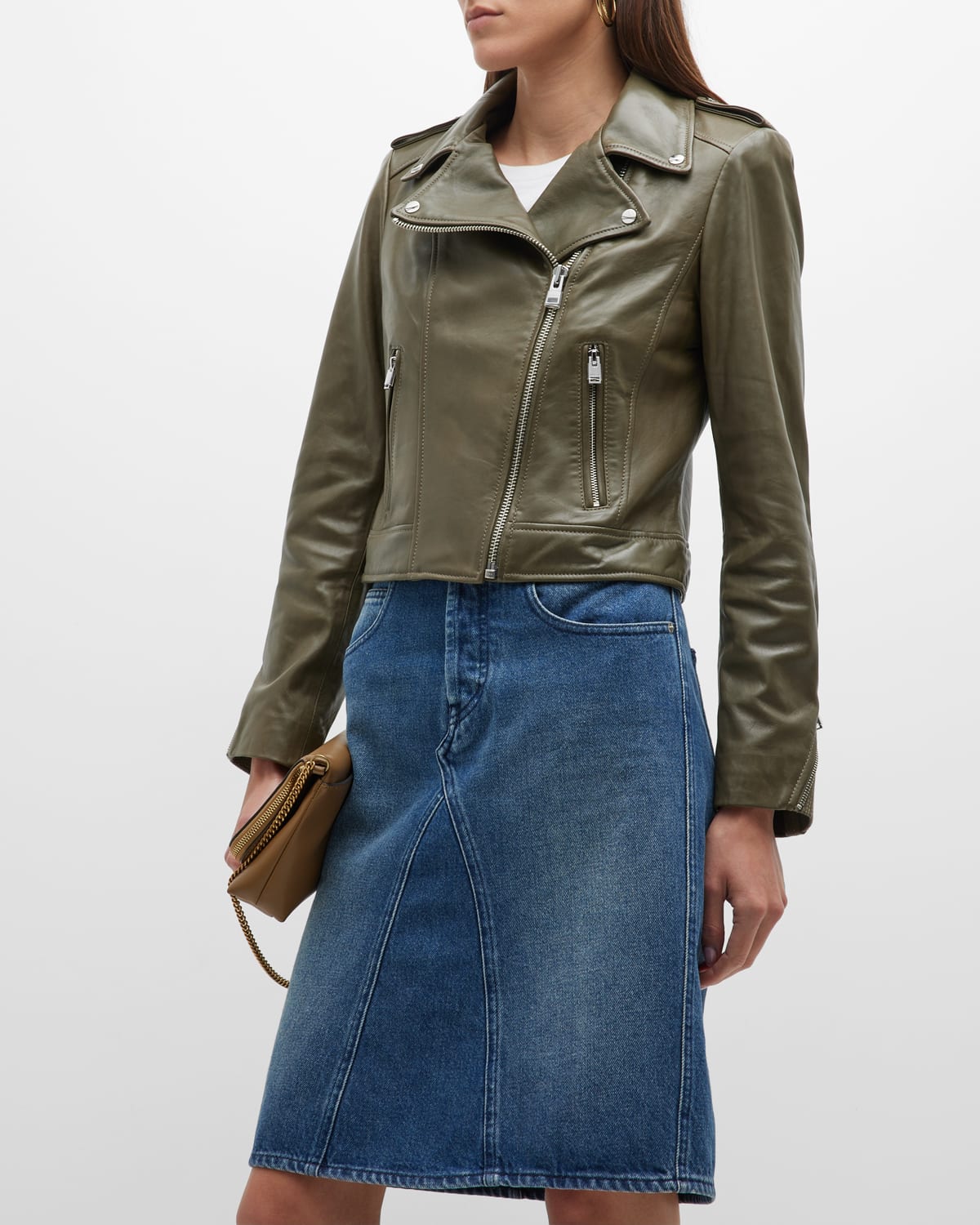 Shop Lamarque Donna Hand-waxed Leather Moto Jacket In Khaki