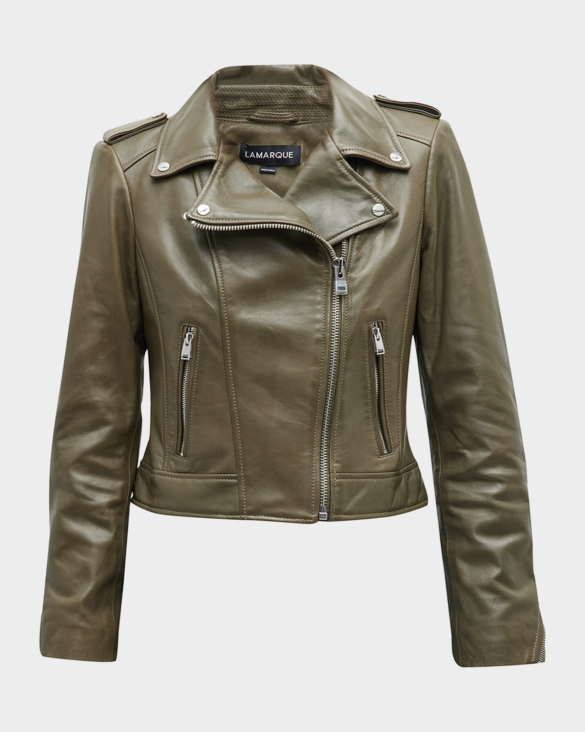 Shop Lamarque Donna Hand-waxed Leather Moto Jacket In Khaki