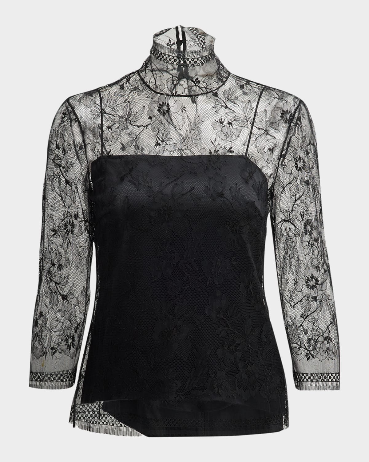 Shop Adam Lippes Lace High-neck Shirt W/ Attached Camisole In Black