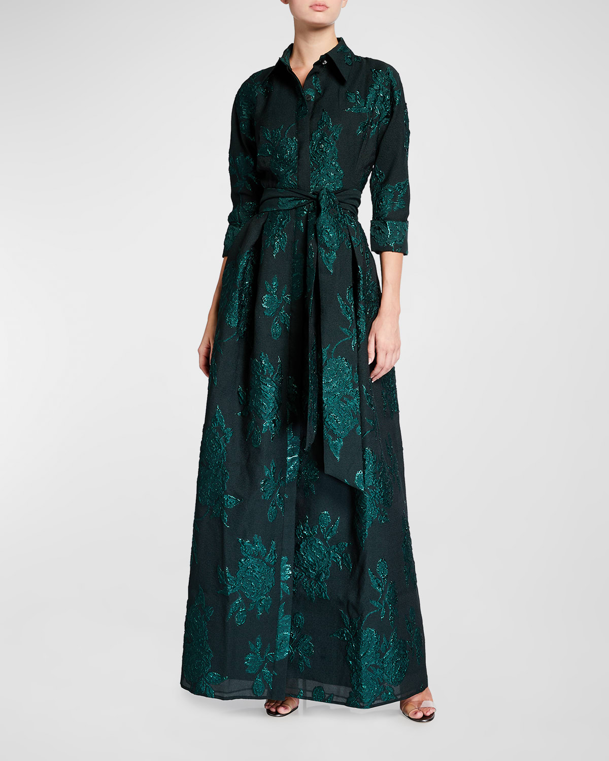 Rickie Freeman For Teri Jon Belted Jacquard Shirtdress Gown In Emerald