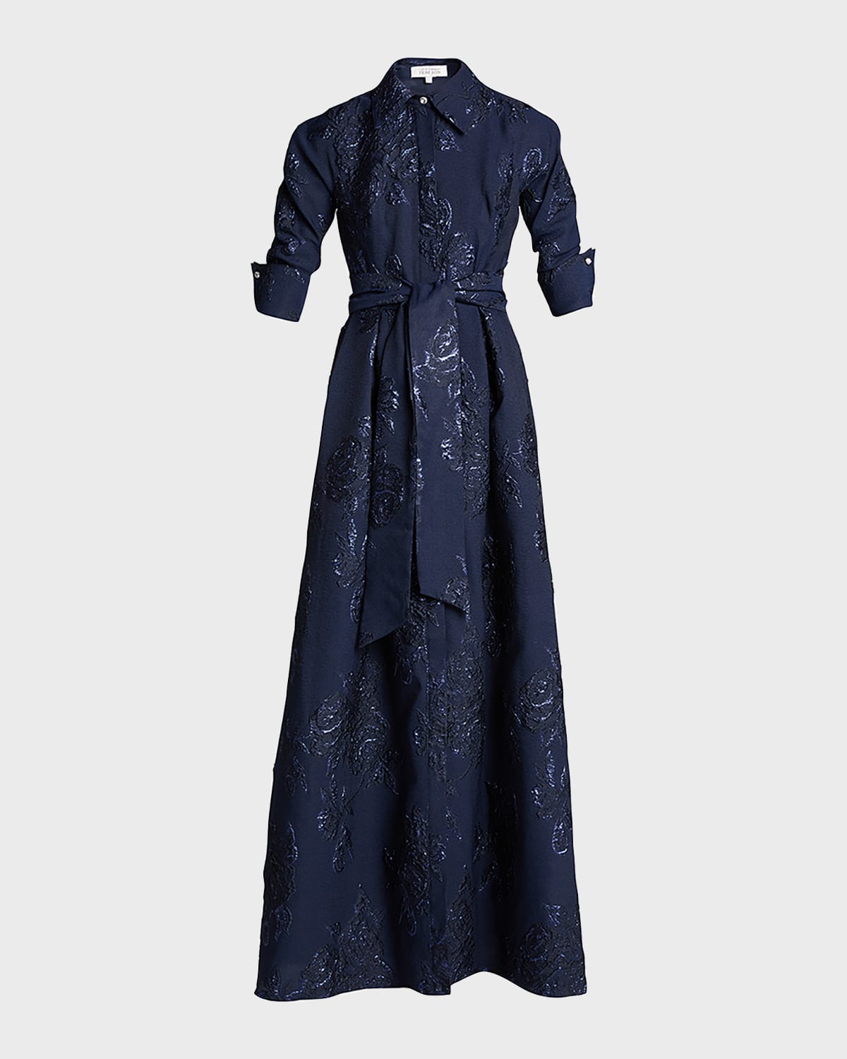 Shop Rickie Freeman For Teri Jon Belted Jacquard Shirtdress Gown In Navy