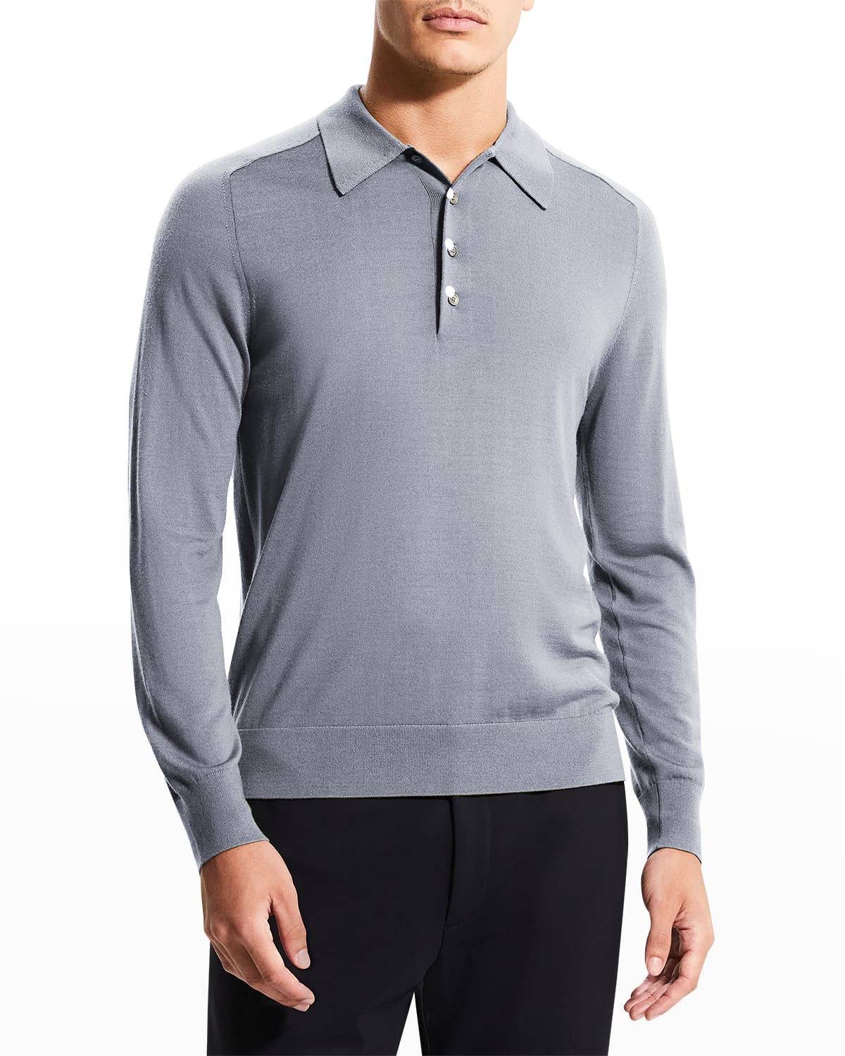 Theory Men's Regal Wool Long-sleeve Polo Shirt In Cool Heather Grey