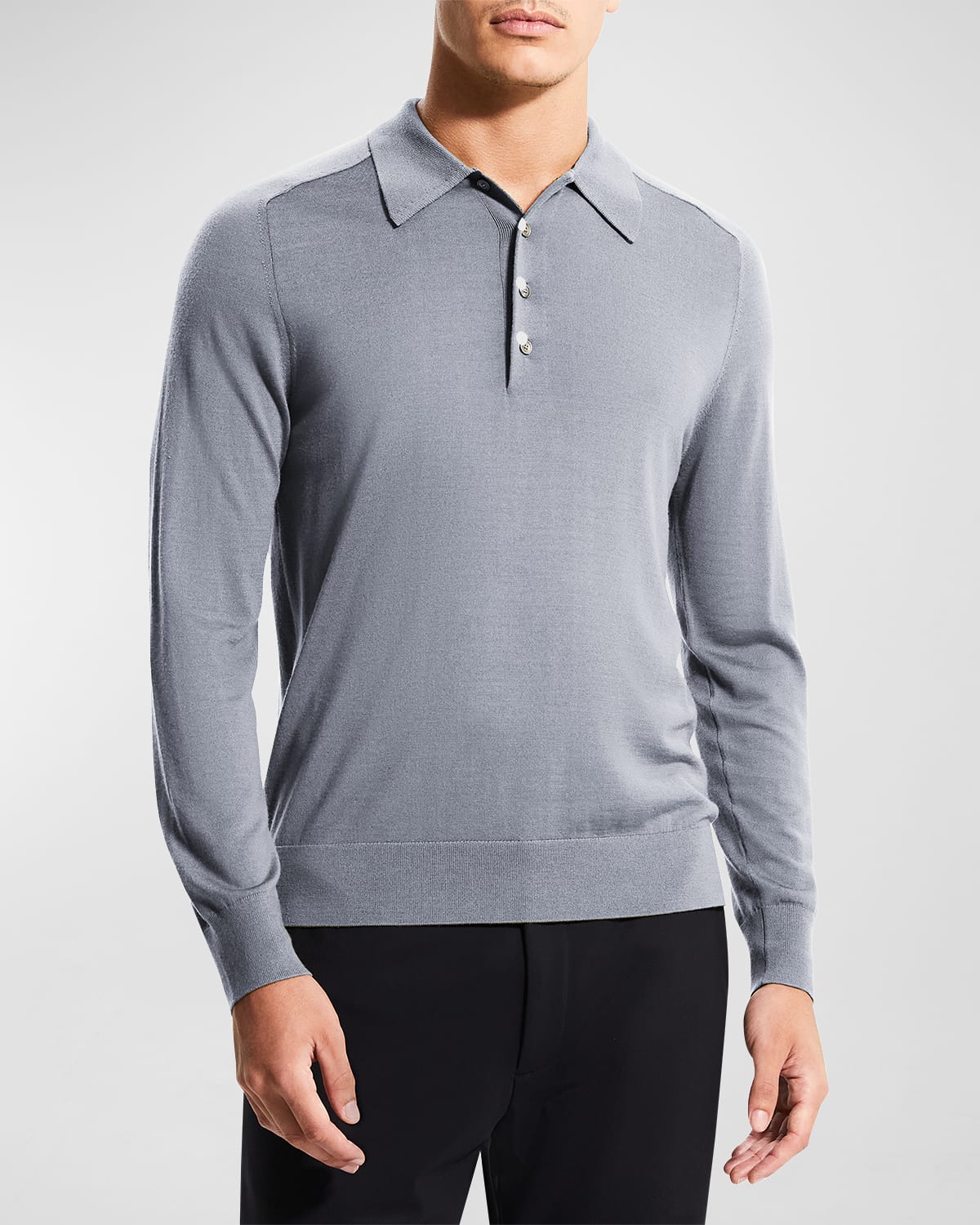 Theory Men's Regal Wool Long-sleeve Polo Shirt In Cool Heather Grey