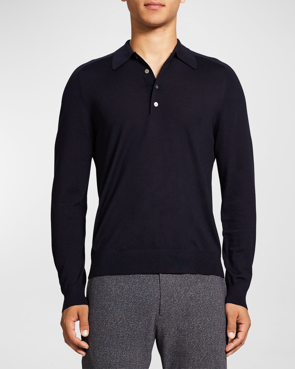 Theory Men's Regal Wool Long-sleeve Polo Shirt In Navy