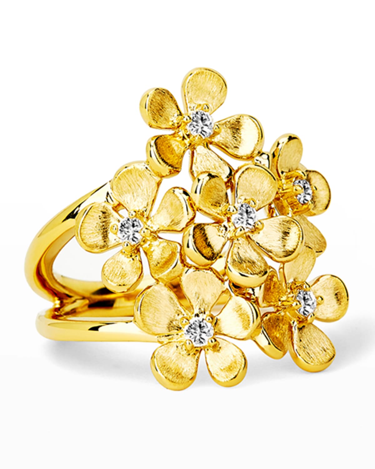 18k Yellow Gold Satin Flower Bunch Diamond Ring, Size 7
