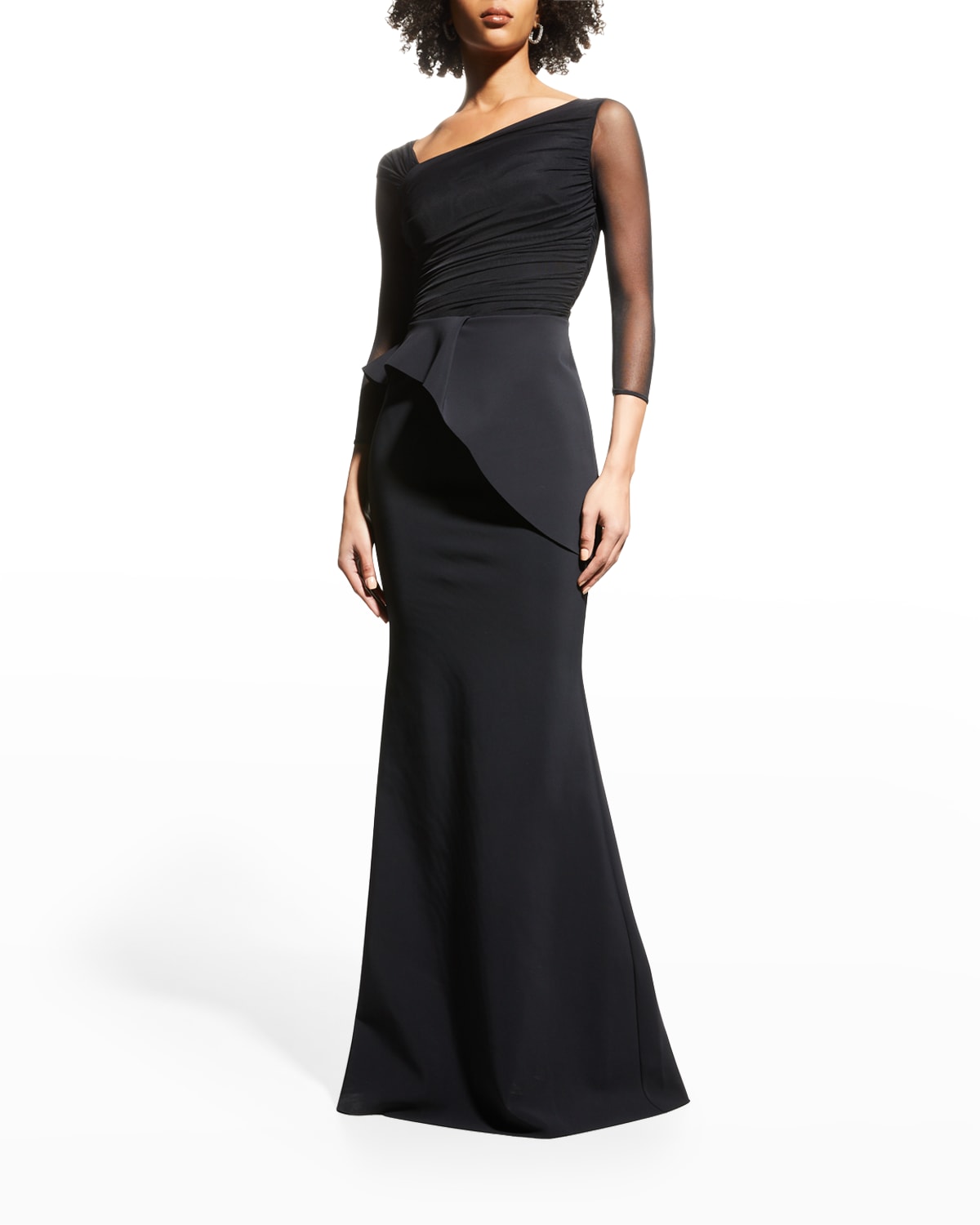 Chiara Boni La Petite Robe Rippy Asymmetrical 3/4-sleeve Illusion Gown In Black