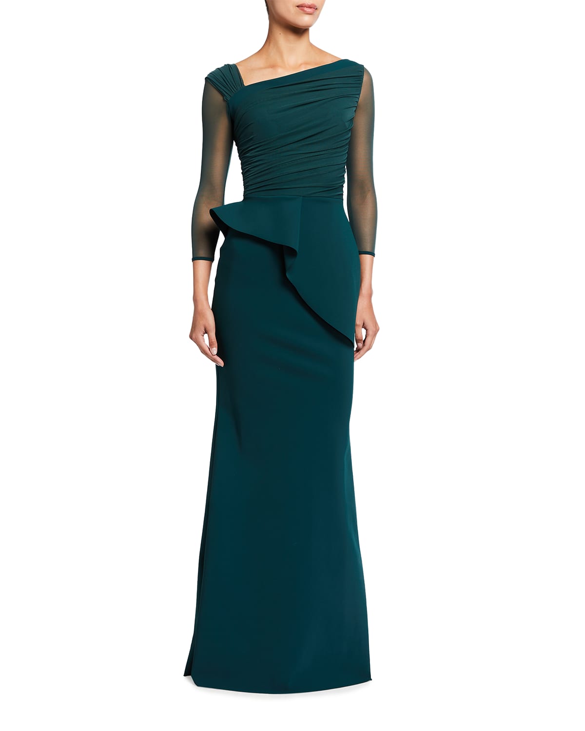 Chiara Boni La Petite Robe Rippy Asymmetrical 3/4-Sleeve Illusion Gown