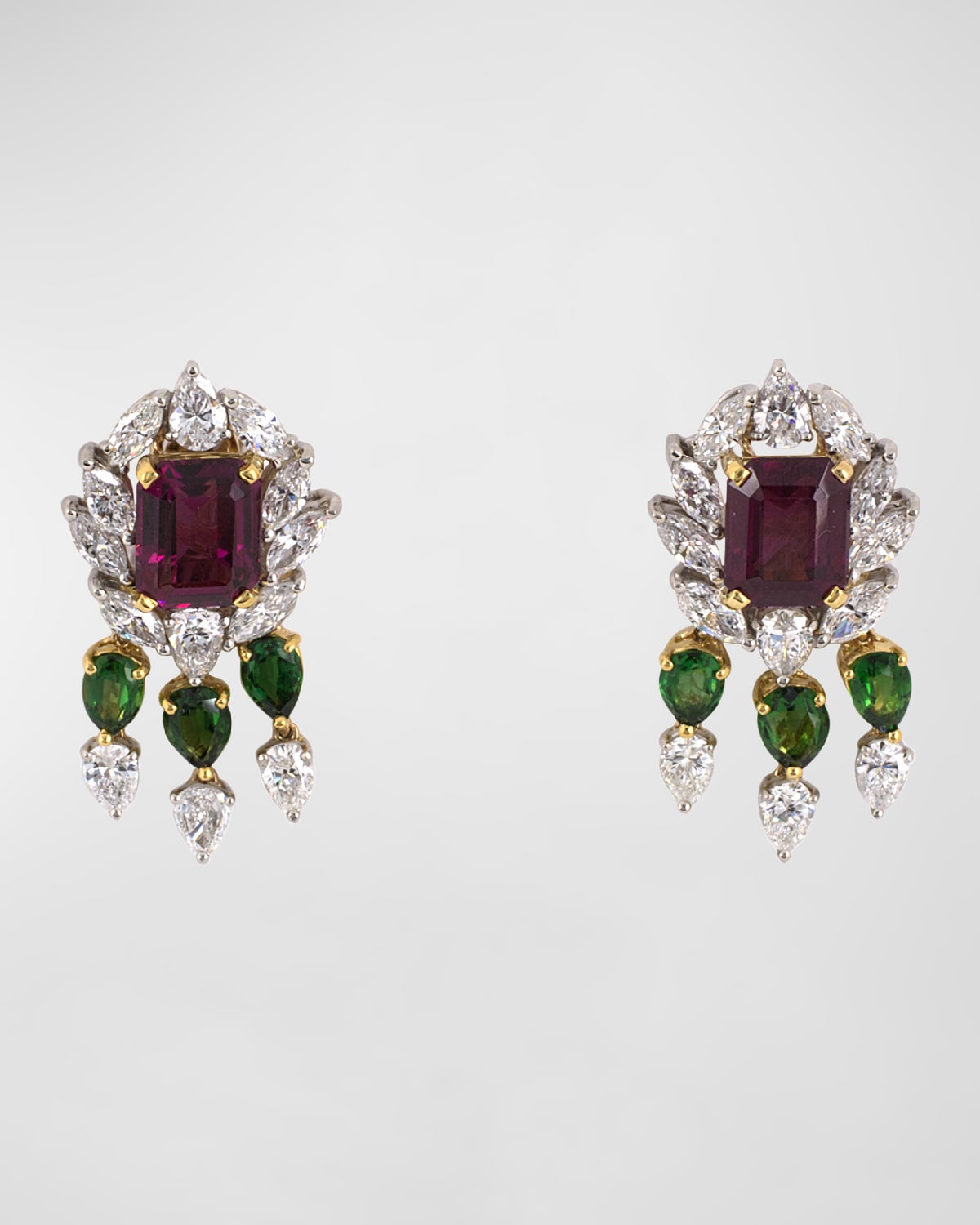 Estate 18K Yellow Gold and Platinum Drop Earrings with Garnets, Diamonds and Tourmalines