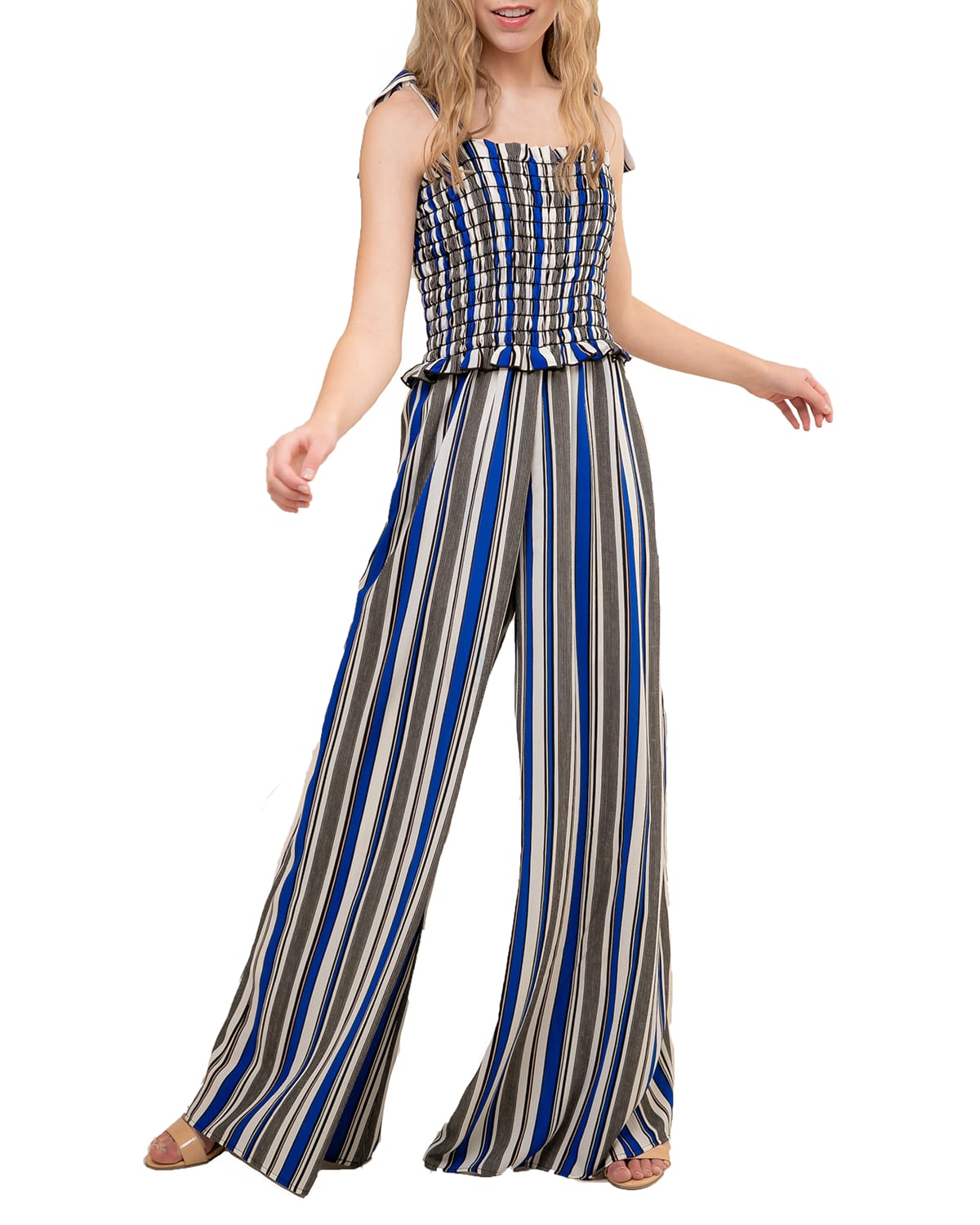 Un Deux Trois Girl's Smocked Wide-leg Jumpsuit W/ Knotted Straps In Stripe