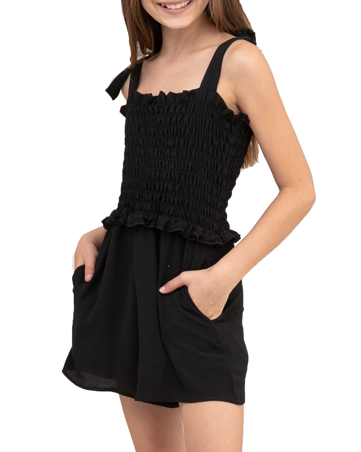 Un Deux Trois Girl's Smocked Romper W/ Knotted Straps In Black