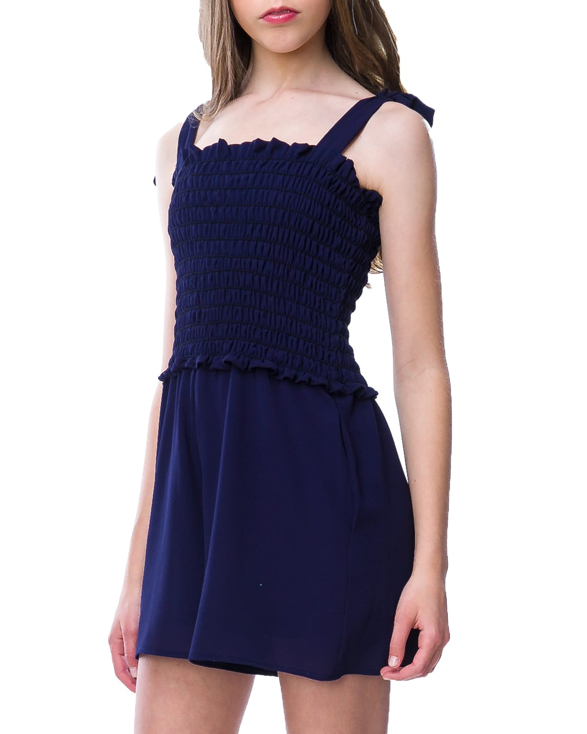 Un Deux Trois Girl's Smocked Romper W/ Knotted Straps In Navy