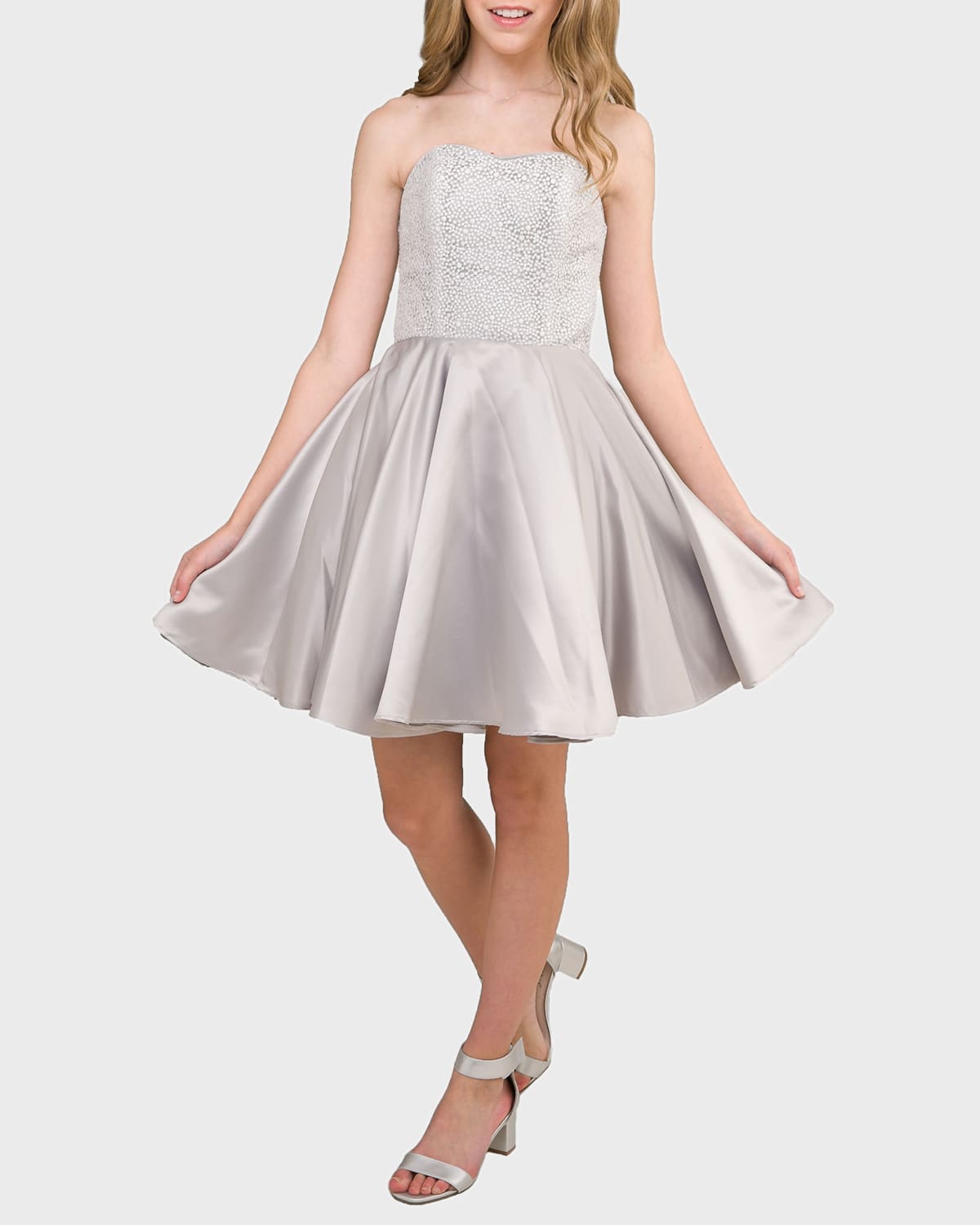 Shop Un Deux Trois Girl's Strapless Sequin & Satin Party Dress In Silver