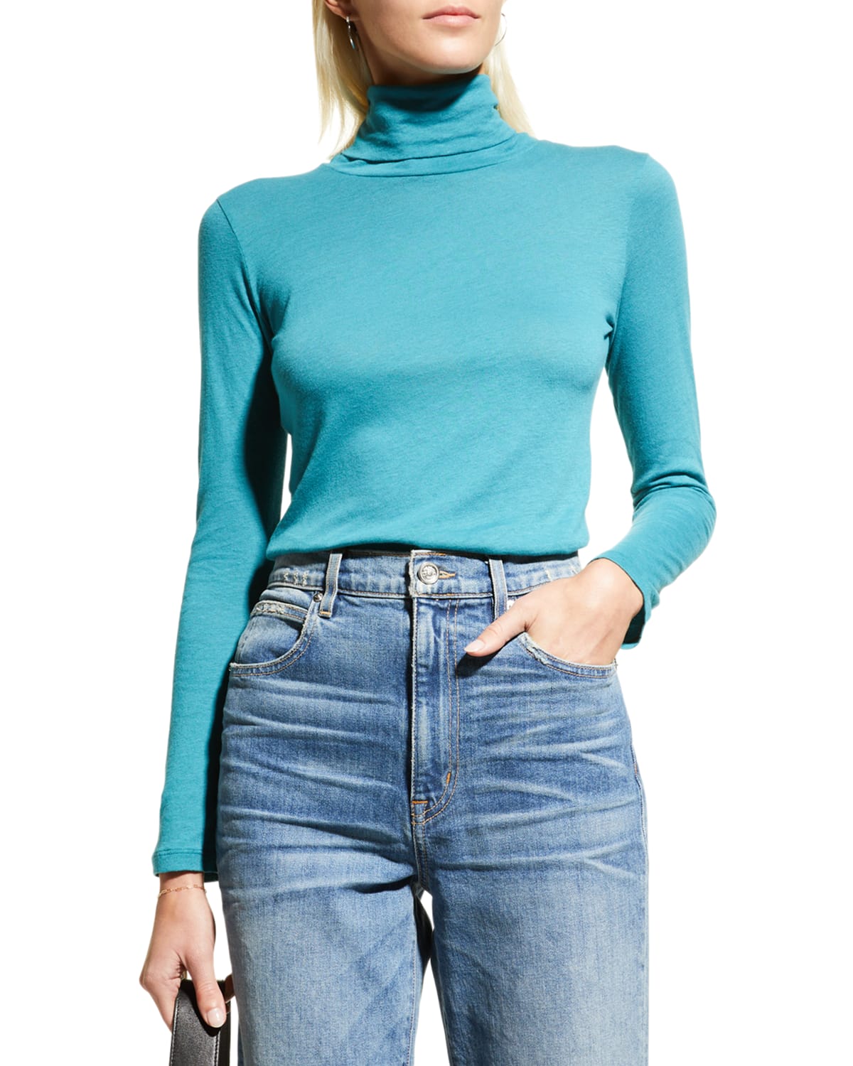 Majestic Cotton-cashmere Long Sleeve Turtleneck Top In Peacock
