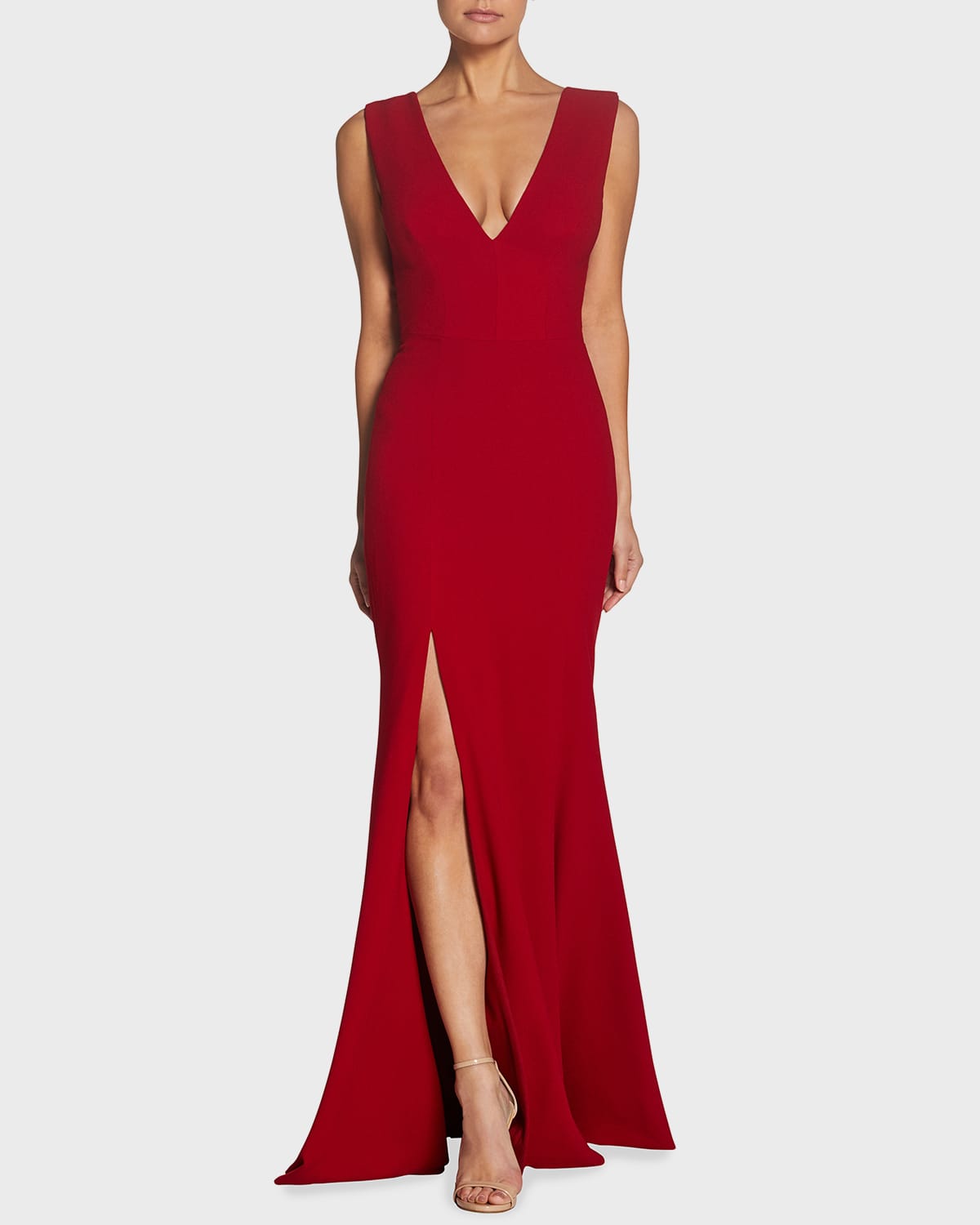 Dress The Population Sandra Plunging V-neck Sleeveless Crepe Gown In Garnet
