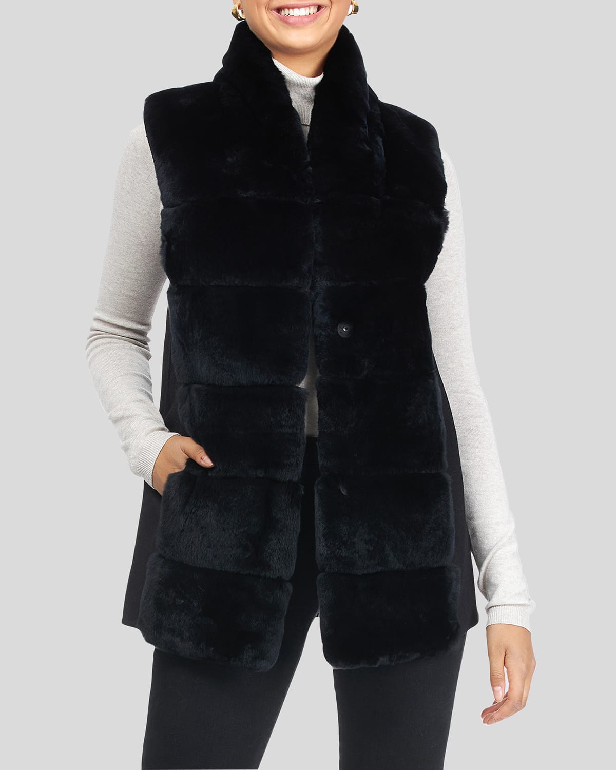 Gorski Reversible Rex Rabbit Vest With Wool Back And Belt In Black