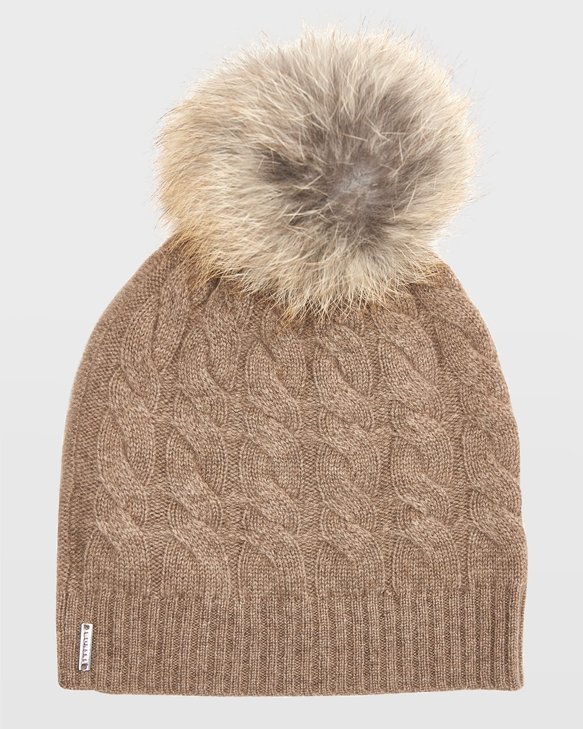 Gorski Cashmere Cable-knit Beanie With Fur Pompom In Khaki/gold
