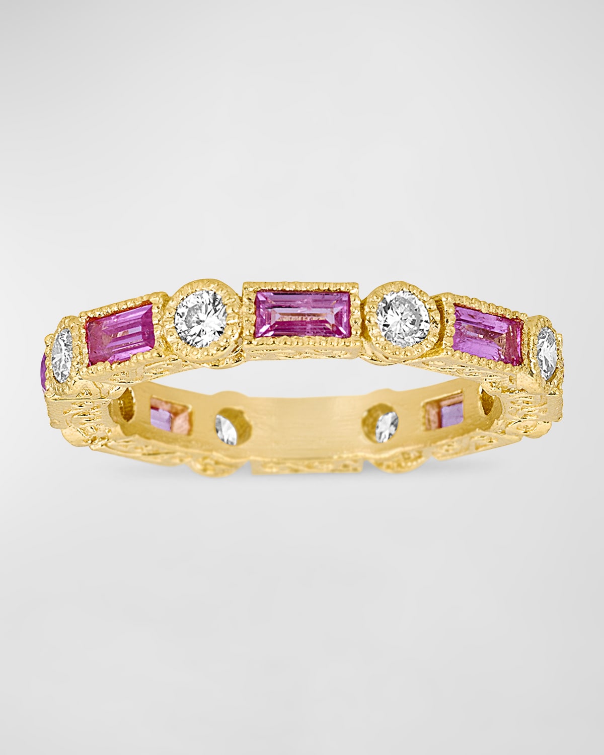 Tanya Farah Pink Sapphire Baguette White Diamond Round Ring In Gold