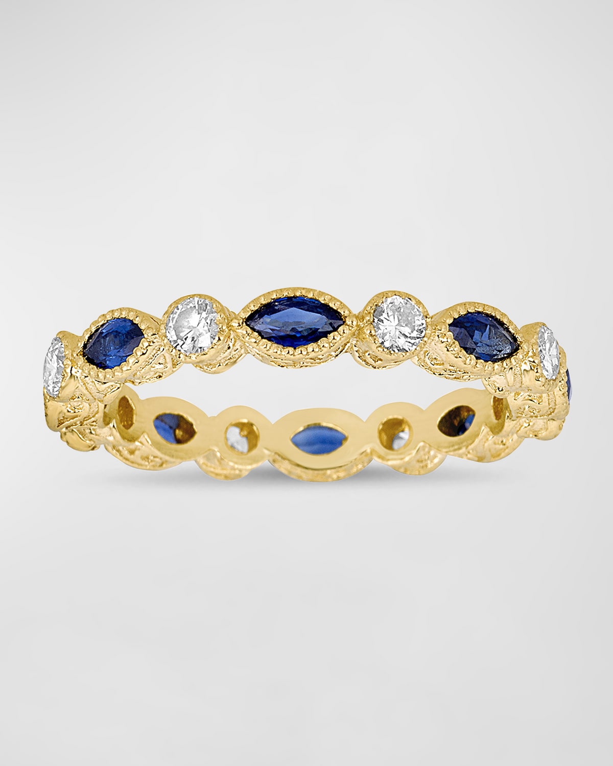Modern Etruscan Blue Sapphire Ring with Diamonds