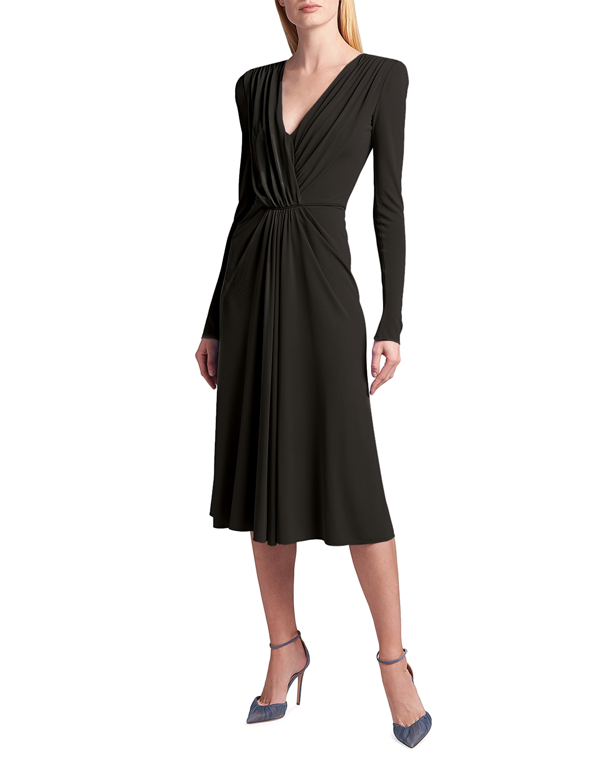 Draped Long-Sleeve Jersey Faux-Wrap Dress