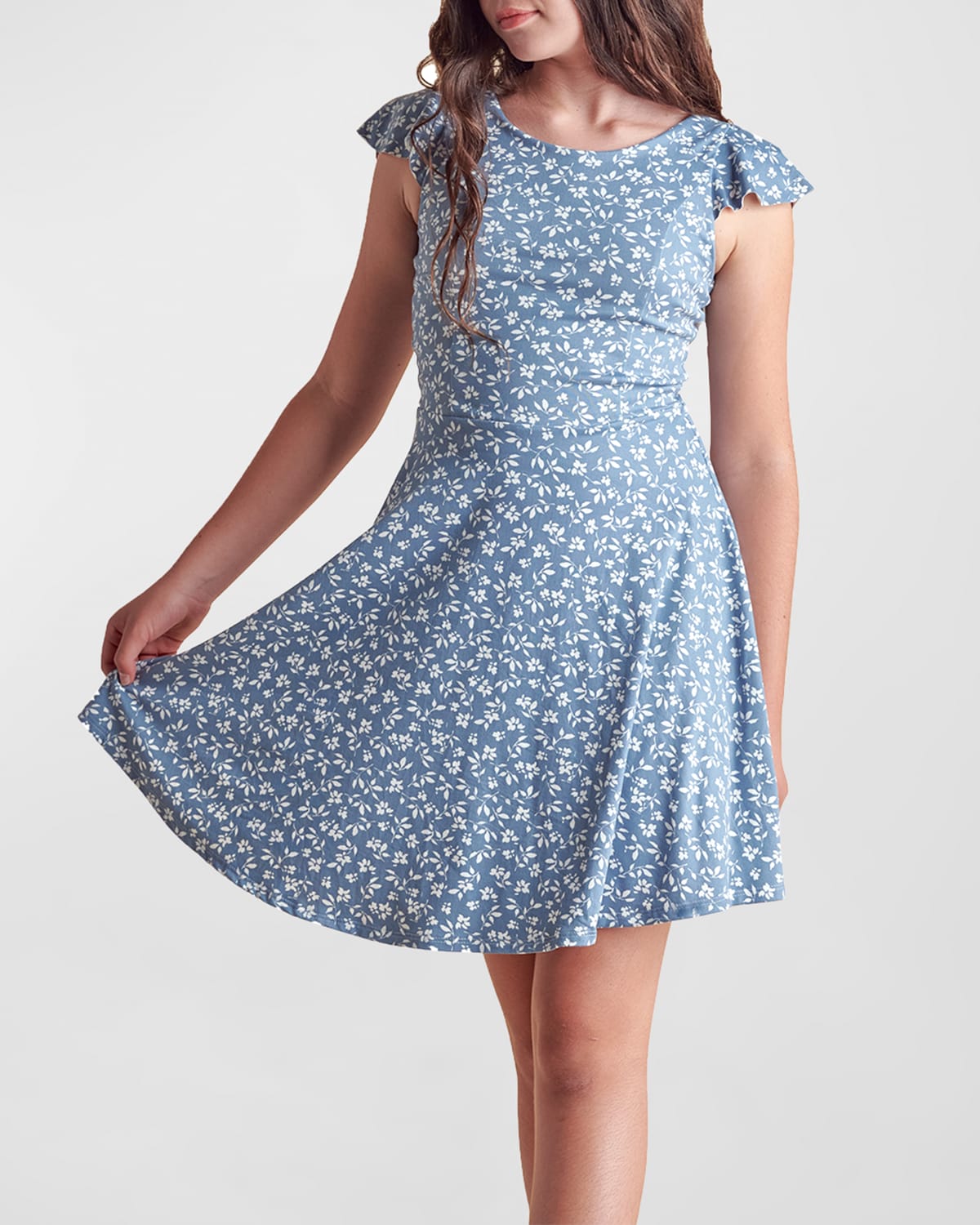 Un Deux Trois Girl's Flutter Short-sleeve Dress In Blue Floral