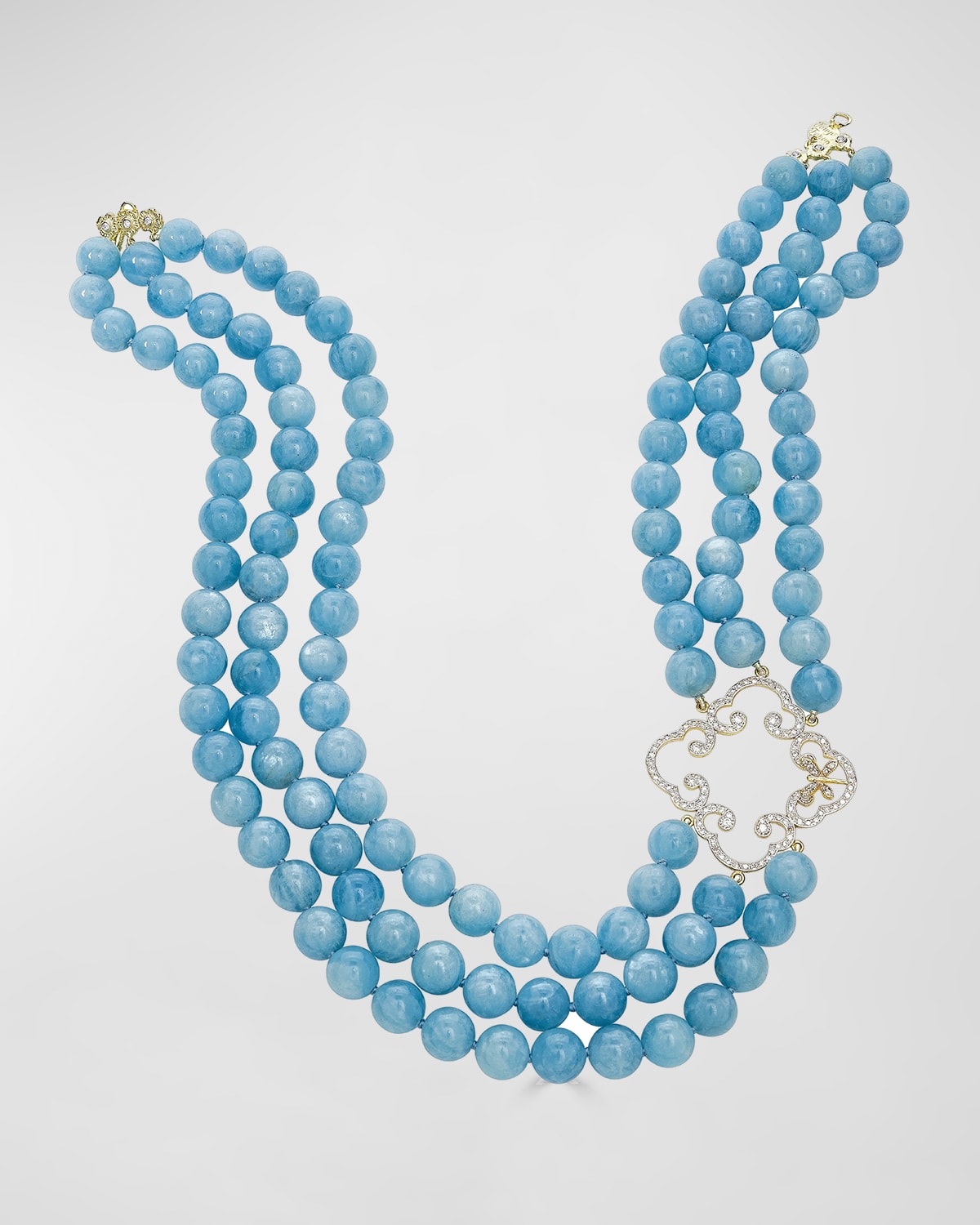 18k Diamond and Aqua Beaded 3-Row Necklace