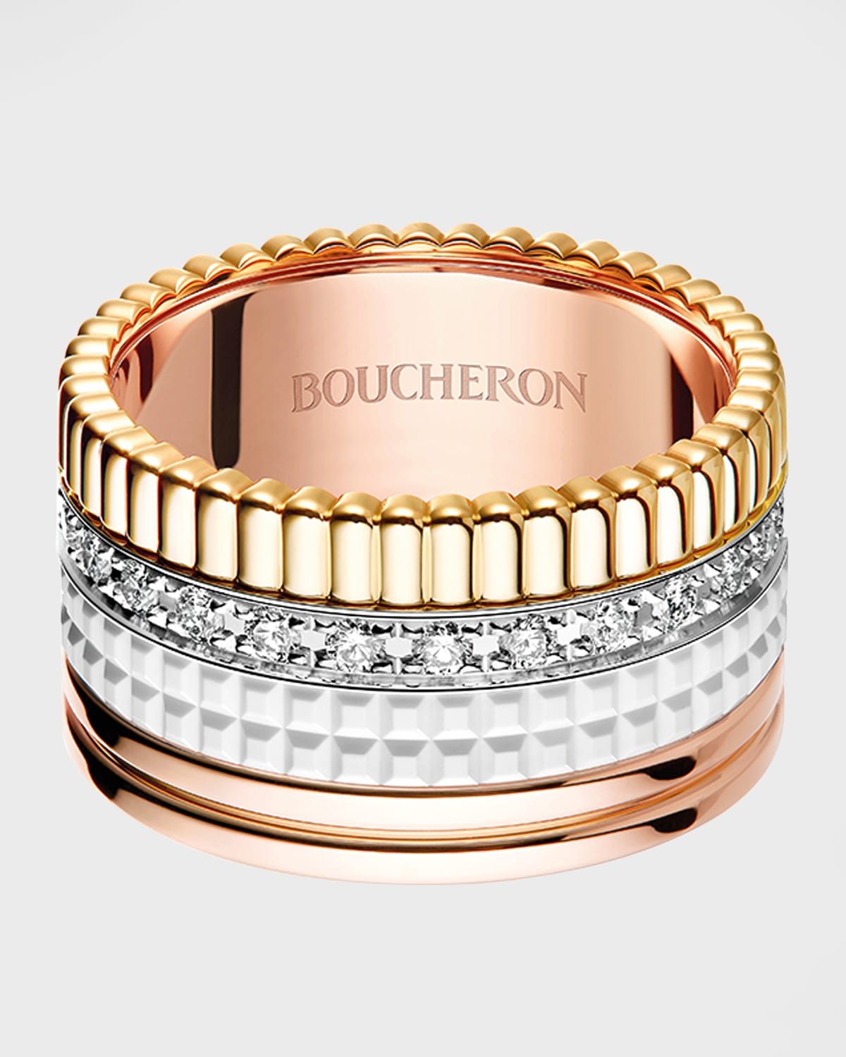 Boucheron Quatre Large 18K Gold & White Ceramic Ring with Diamonds, Size 53