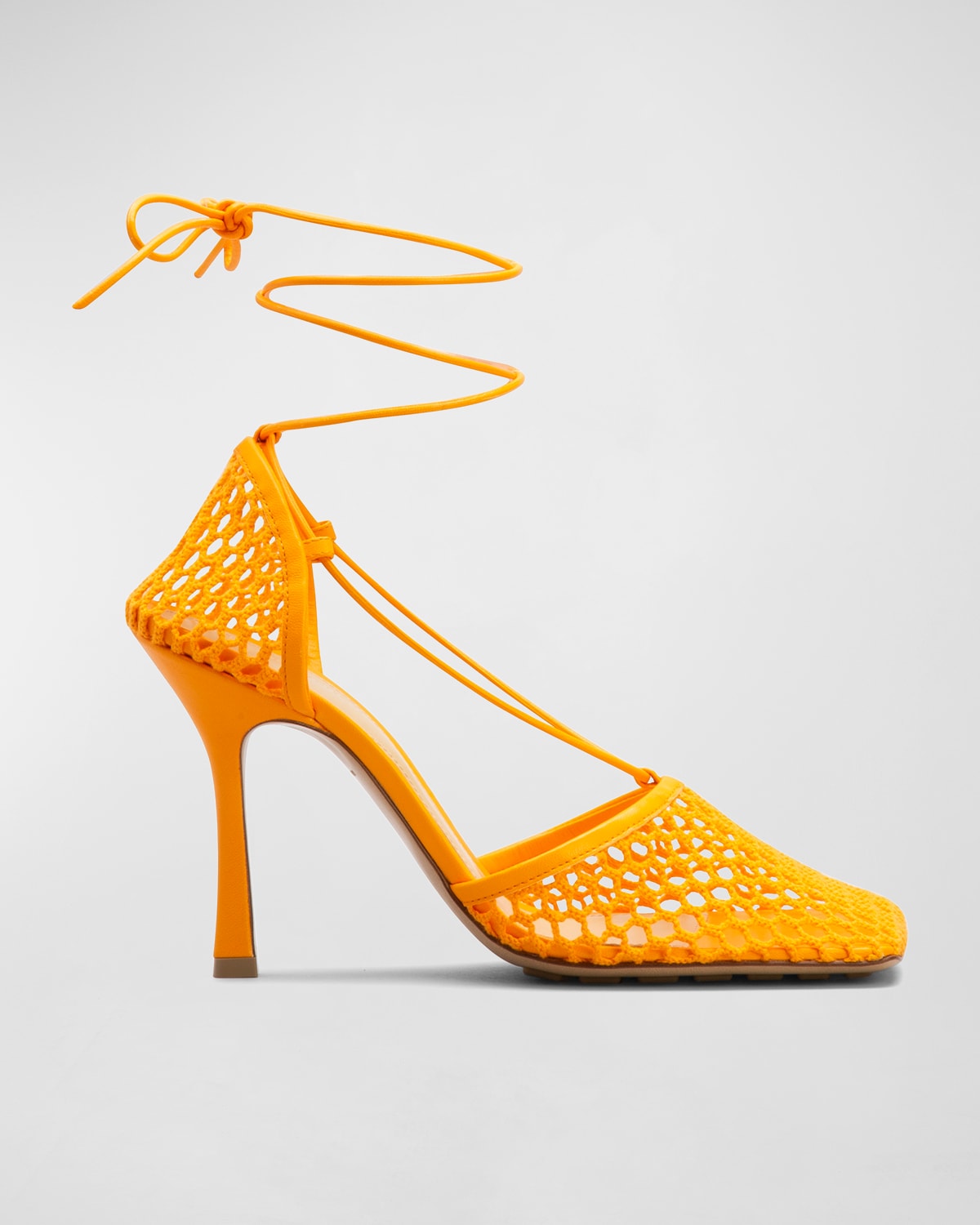 Bottega Veneta Stretch Square-toe Ankle-strap Mesh Pumps In Tangerine