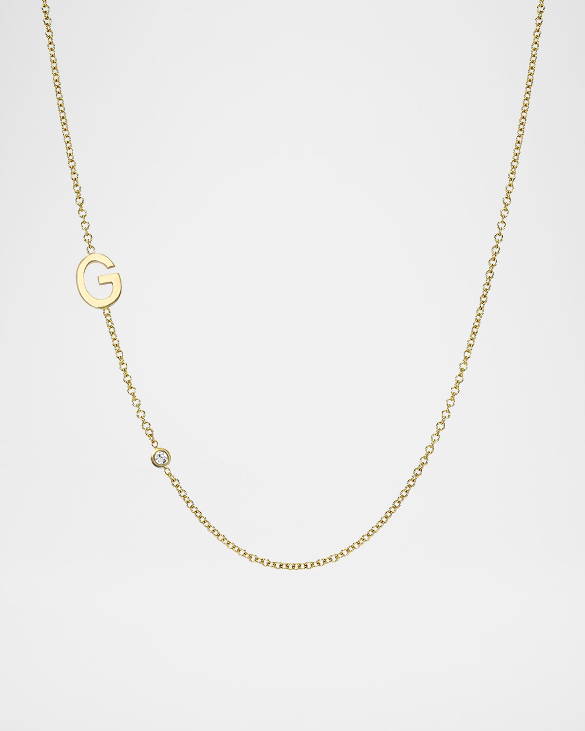 14k Gold Asymmetrical Initial and Bezel Diamond Necklace