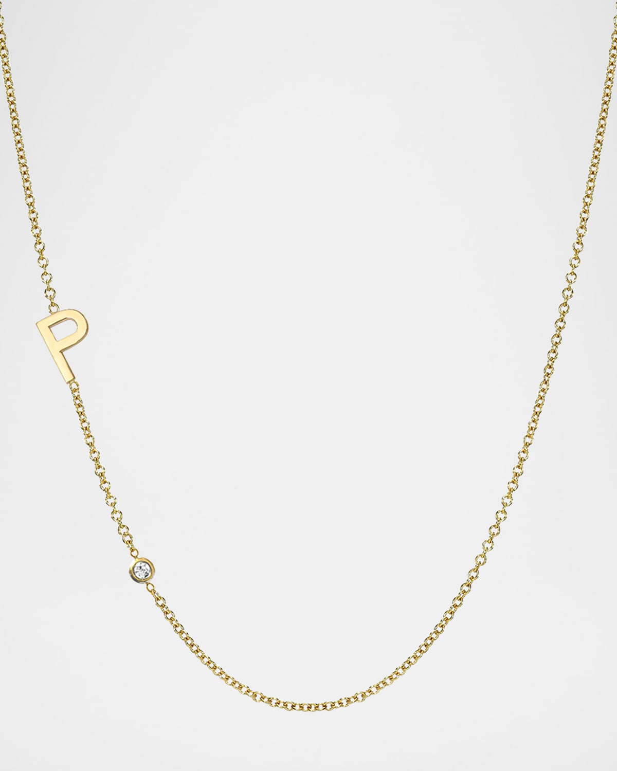 14k Gold Asymmetrical Initial and Bezel Diamond Necklace