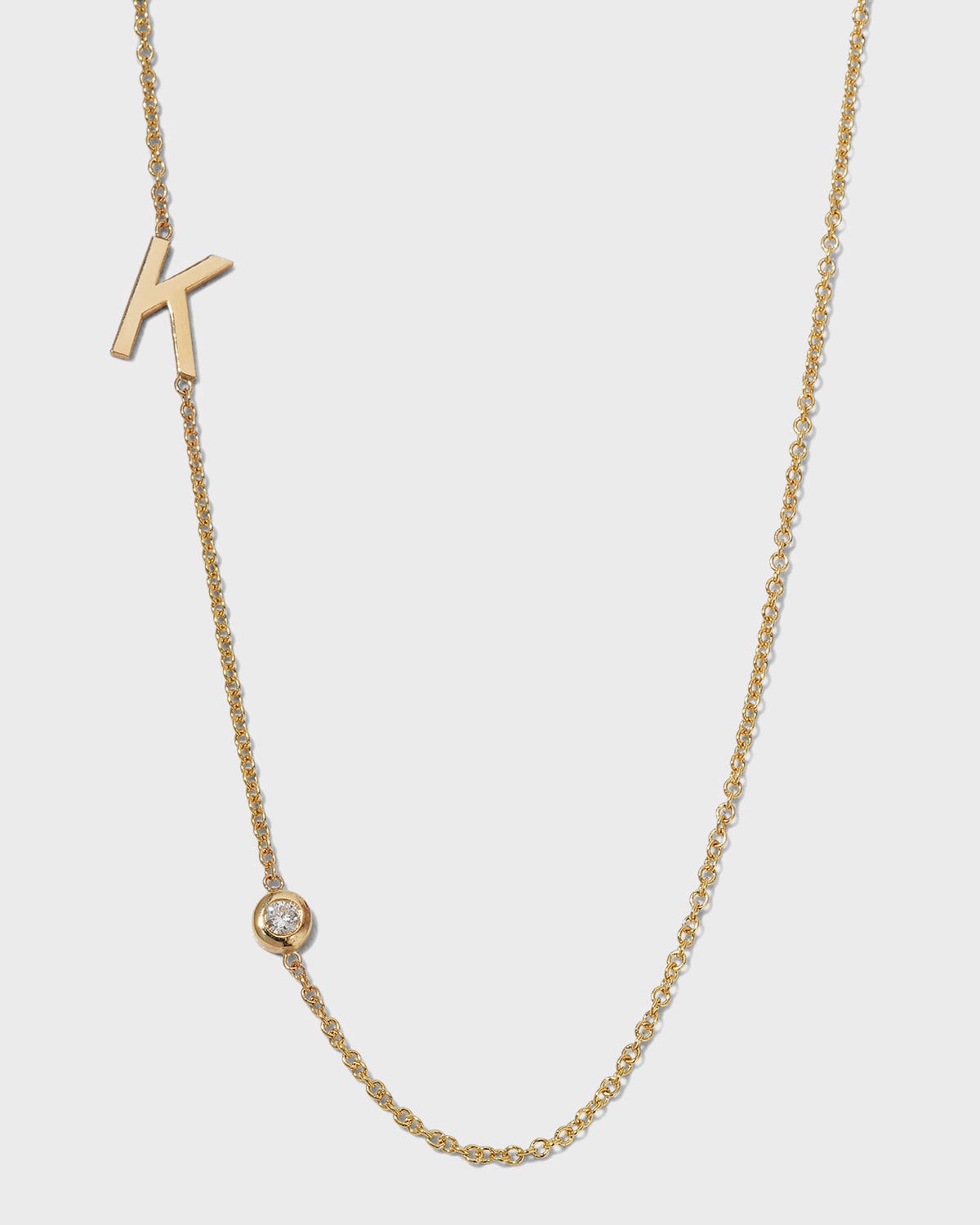 14K Gold Asymmetrical Initial and Bezel Diamond Necklace, 16-18"L