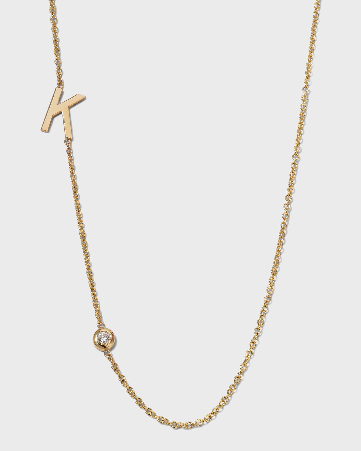 14k Gold Asymmetrical Initial and Bezel Diamond Necklace