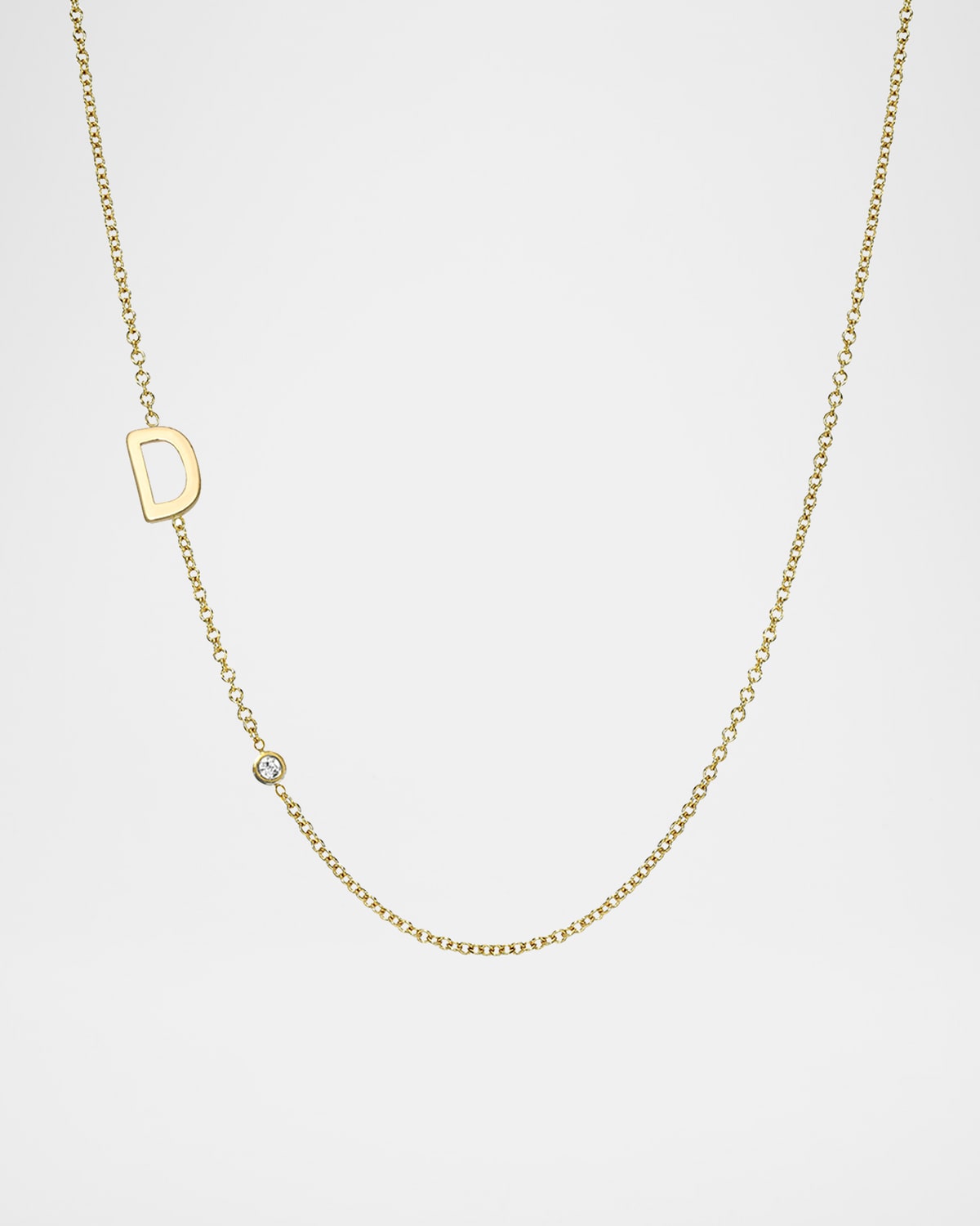 14k Gold Asymmetrical Initial and Bezel Diamond Necklace