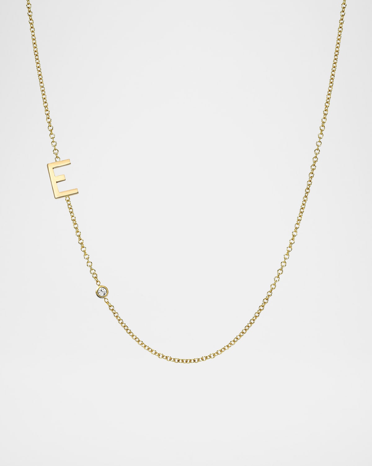 14k Gold Asymmetrical Initial and Bezel Diamond Necklace
