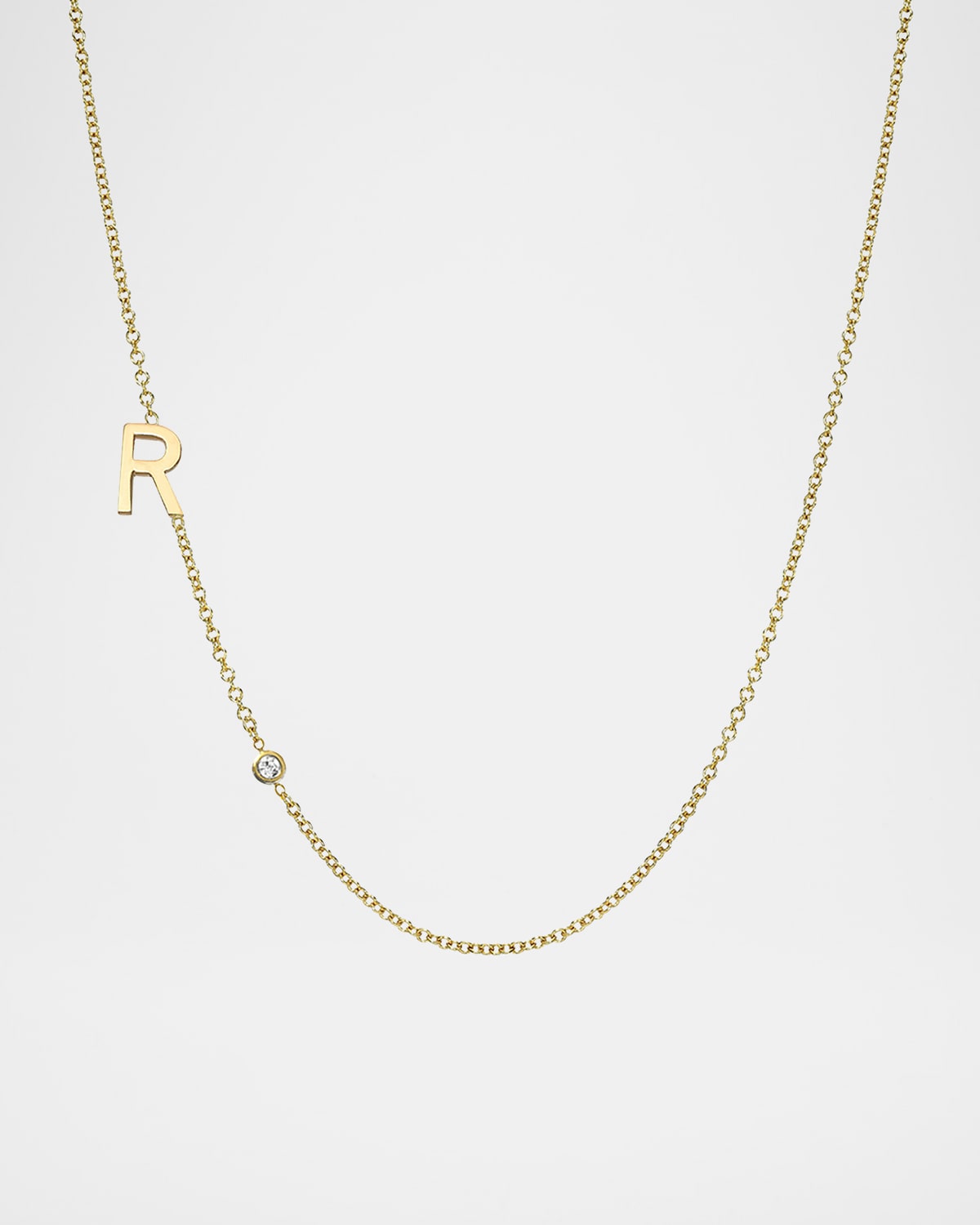 14k Gold Asymmetrical Initial and Bezel Diamond Necklace