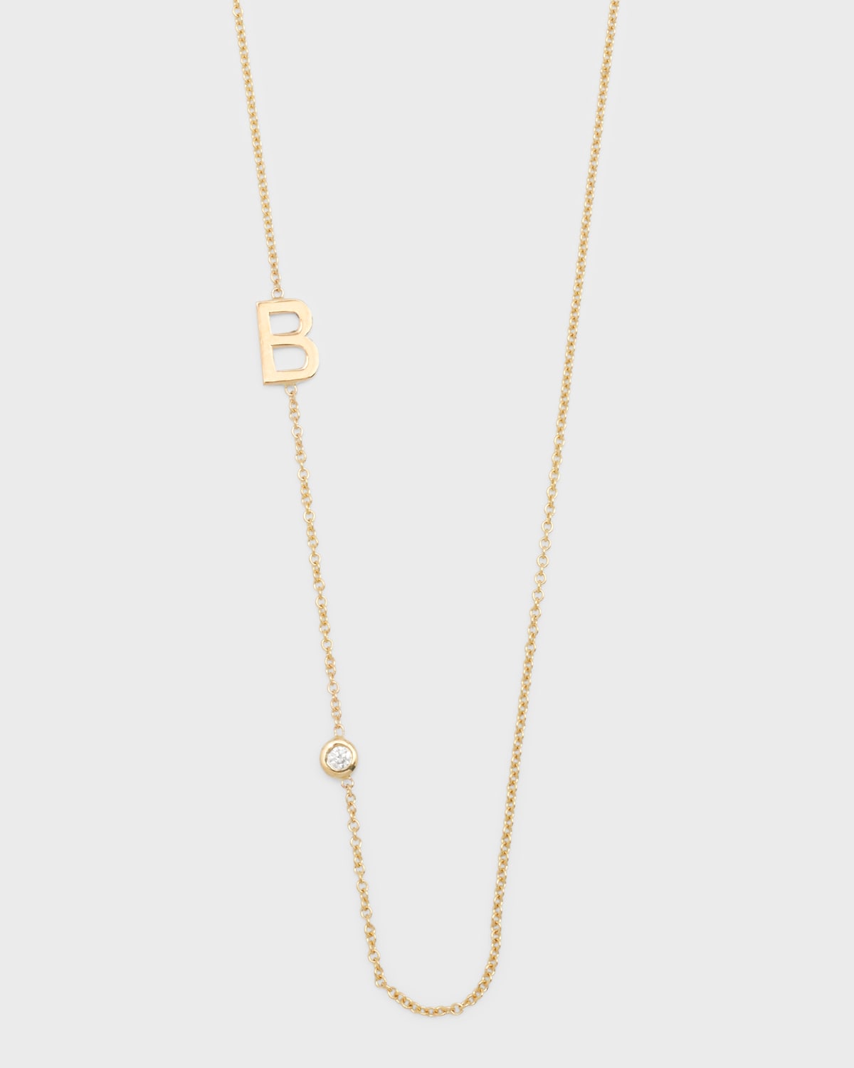 14k Gold Asymmetrical Initial and Bezel Diamond Necklace