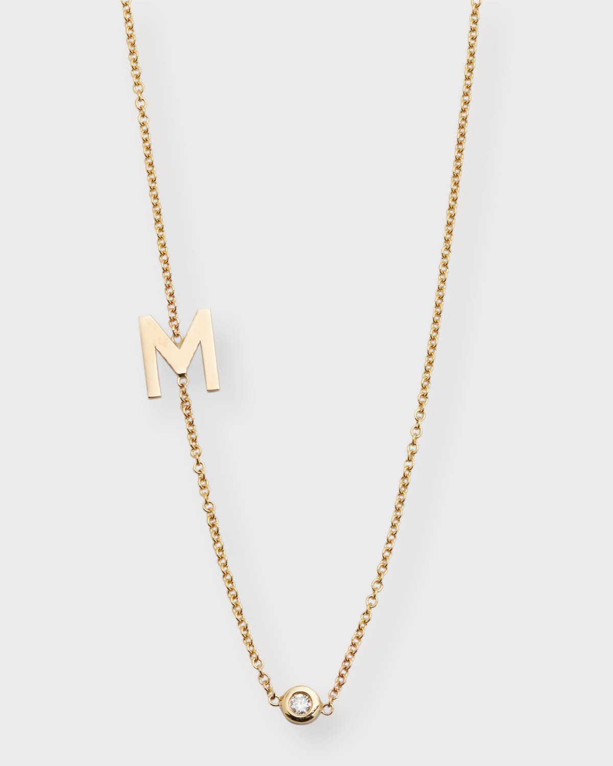 14k Gold Asymmetrical Initial and Bezel Diamond Necklace