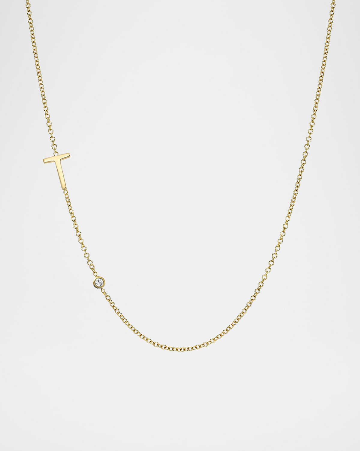 14k Gold Asymmetrical Initial and Bezel Diamond Necklace