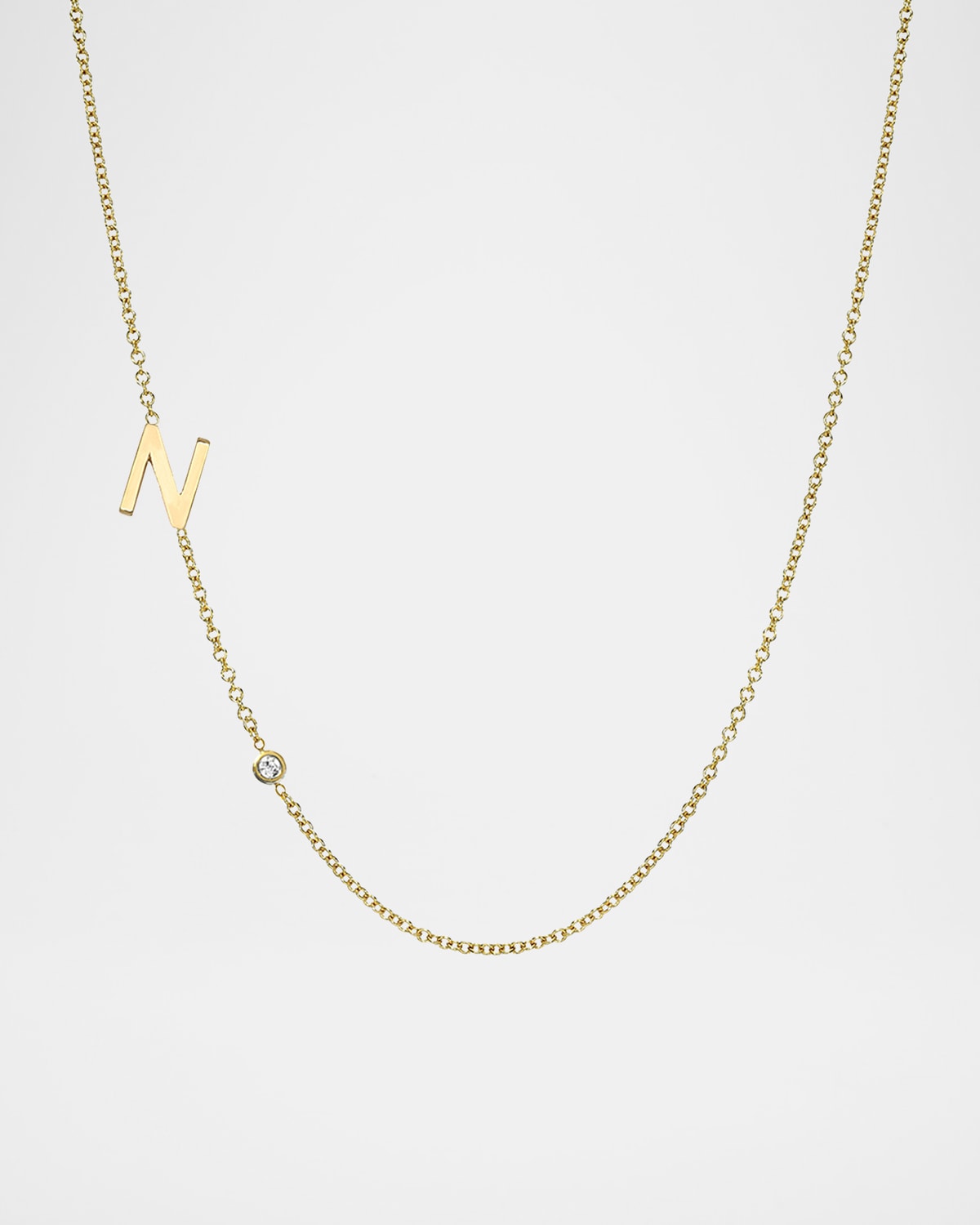 14k Gold Asymmetrical Initial and Bezel Diamond Necklace