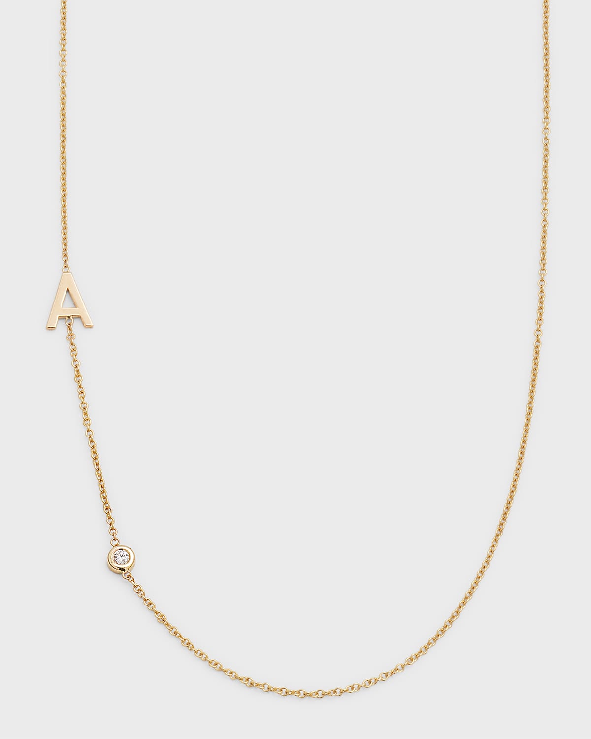 14K Gold Asymmetrical Initial and Bezel Diamond Necklace, 16-18"L