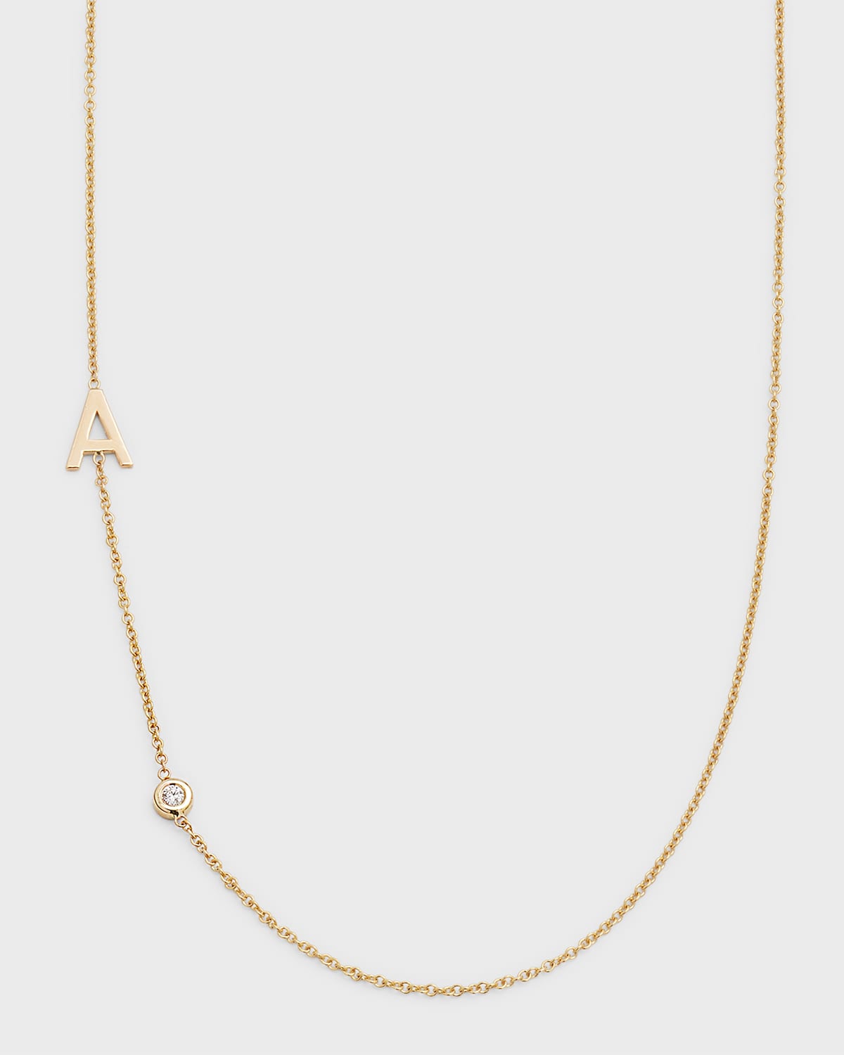 14k Gold Asymmetrical Initial and Bezel Diamond Necklace